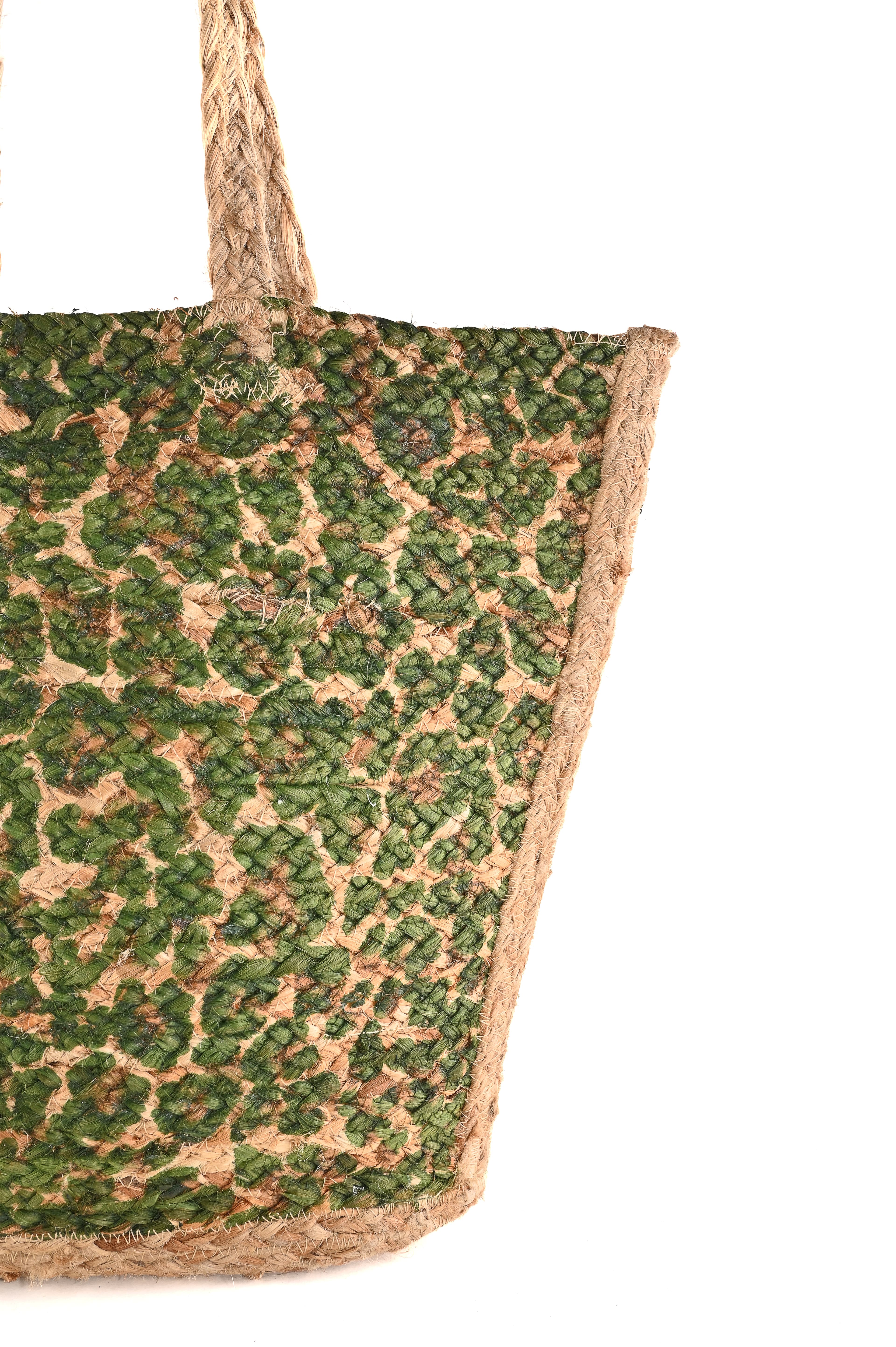 GREEN LEOPARD PRINT  BEACH JUTE TOTE BAG