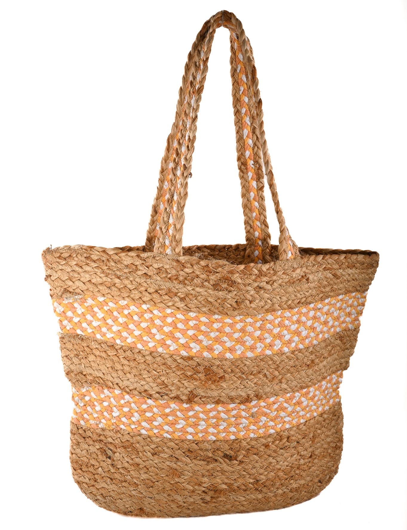ORNAGE WHITE COTTON AND JUTE STRIPE BRAIDED TOTE BAG