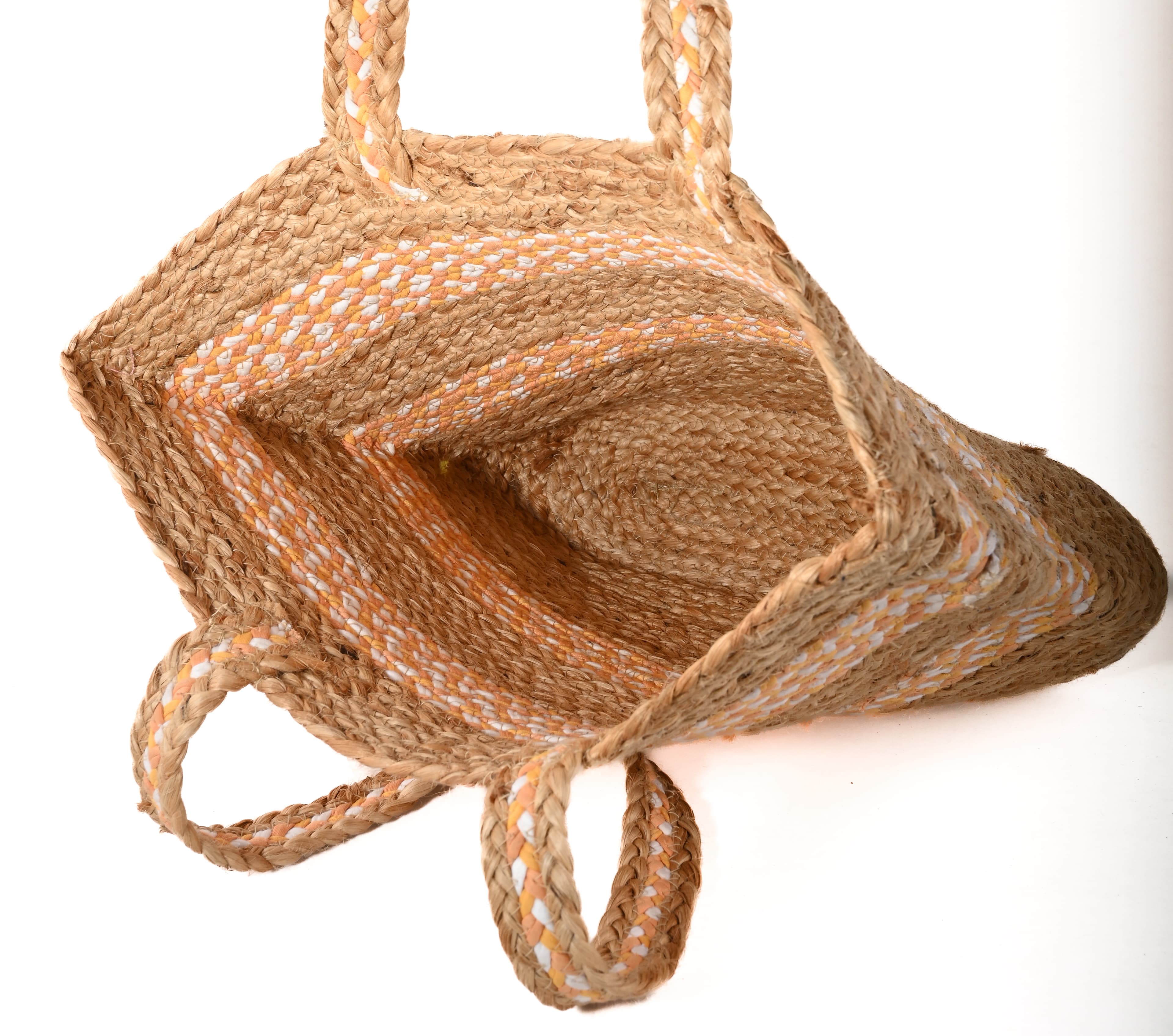 ORNAGE WHITE COTTON AND JUTE STRIPE BRAIDED TOTE BAG