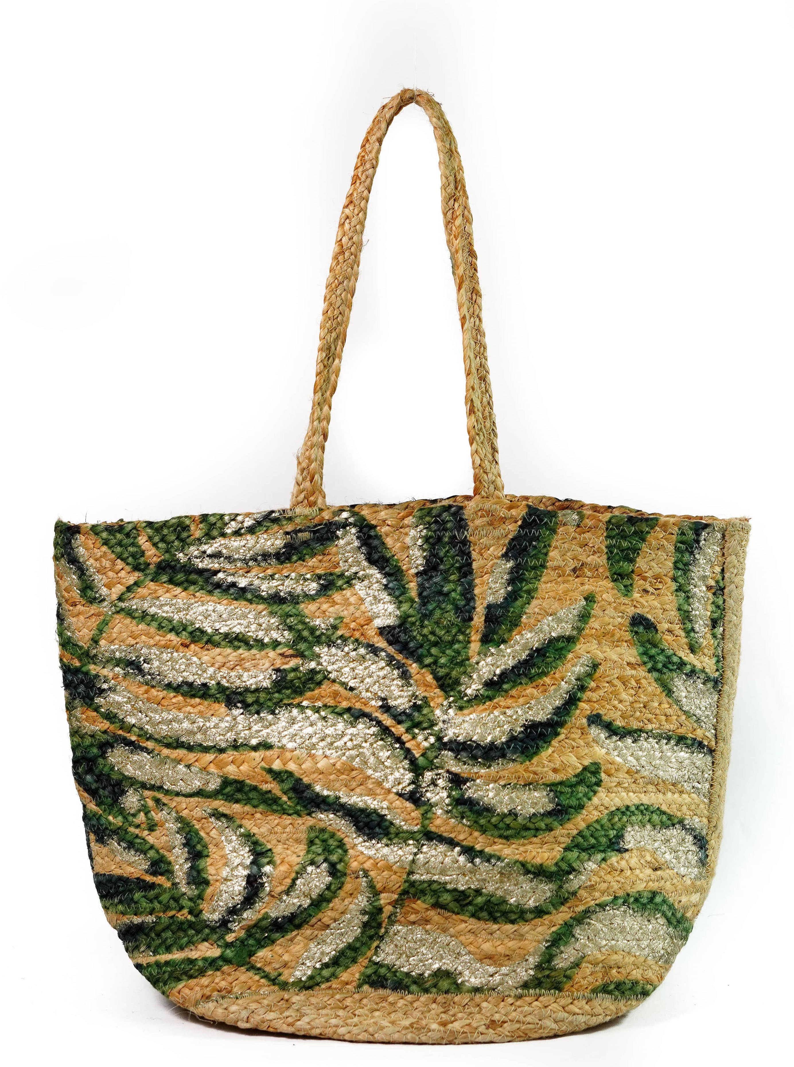 TROPICAL LEAF PRINT JUTE TOTE BAG