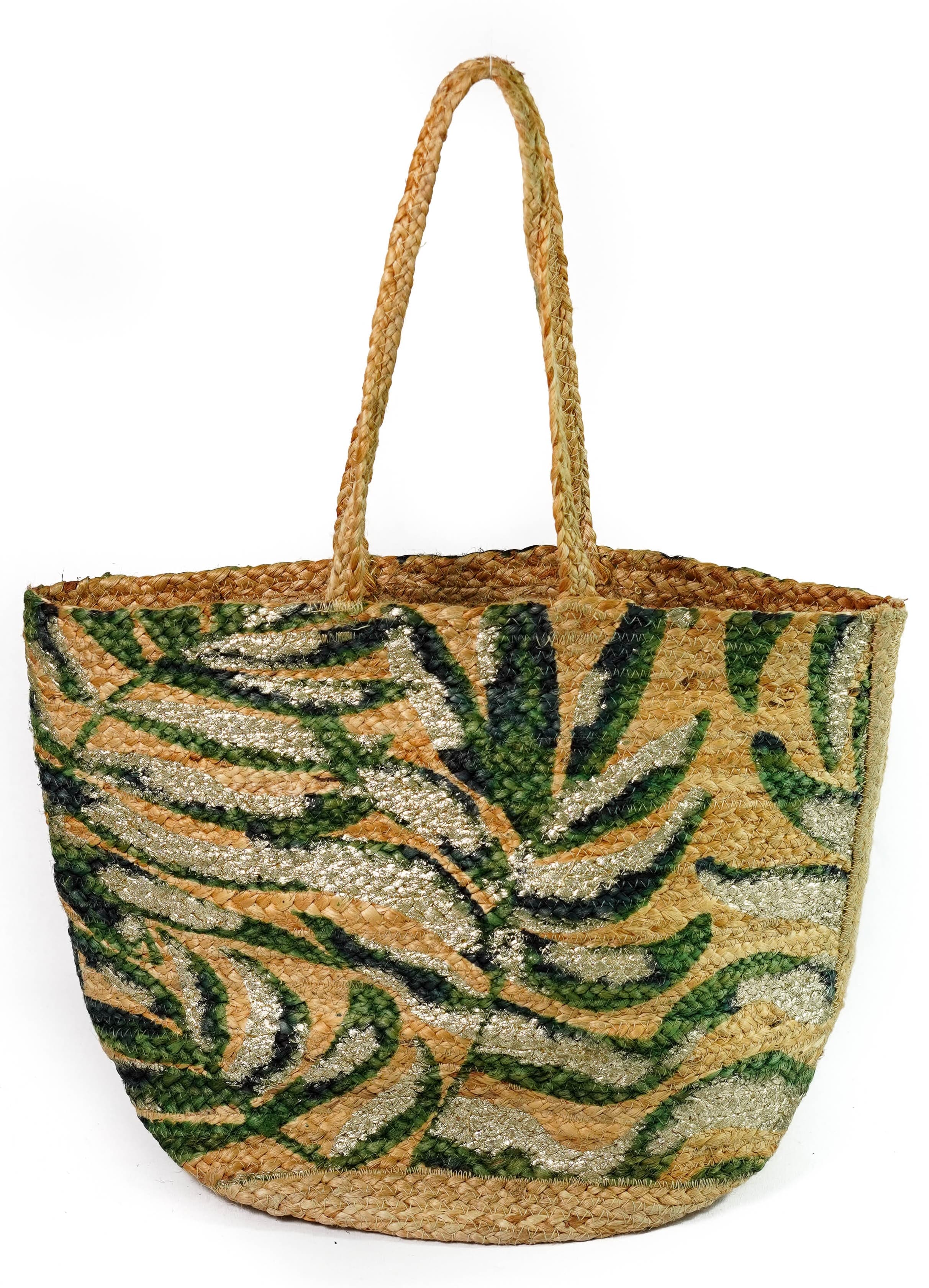 TROPICAL LEAF PRINT JUTE TOTE BAG