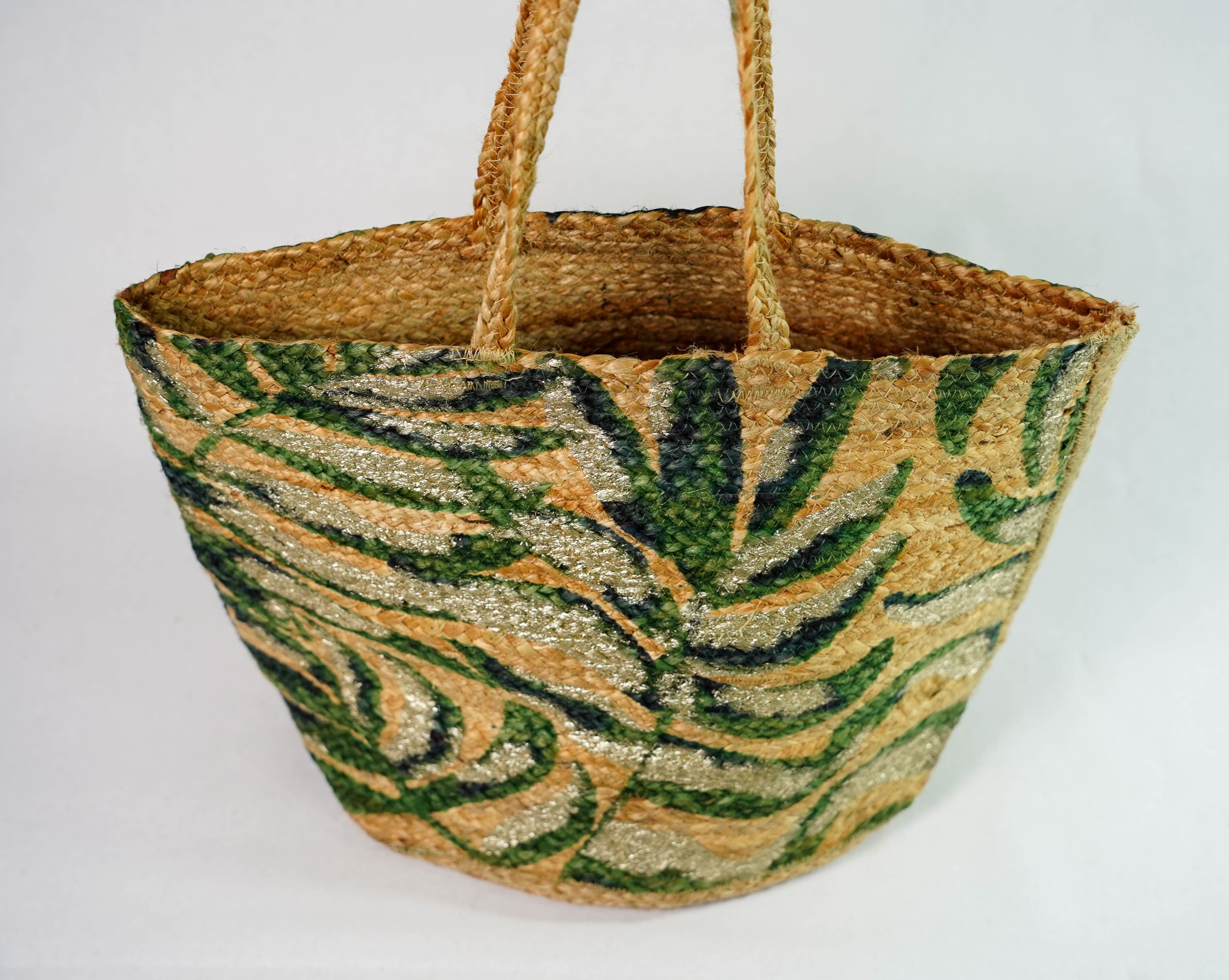 TROPICAL LEAF PRINT JUTE TOTE BAG
