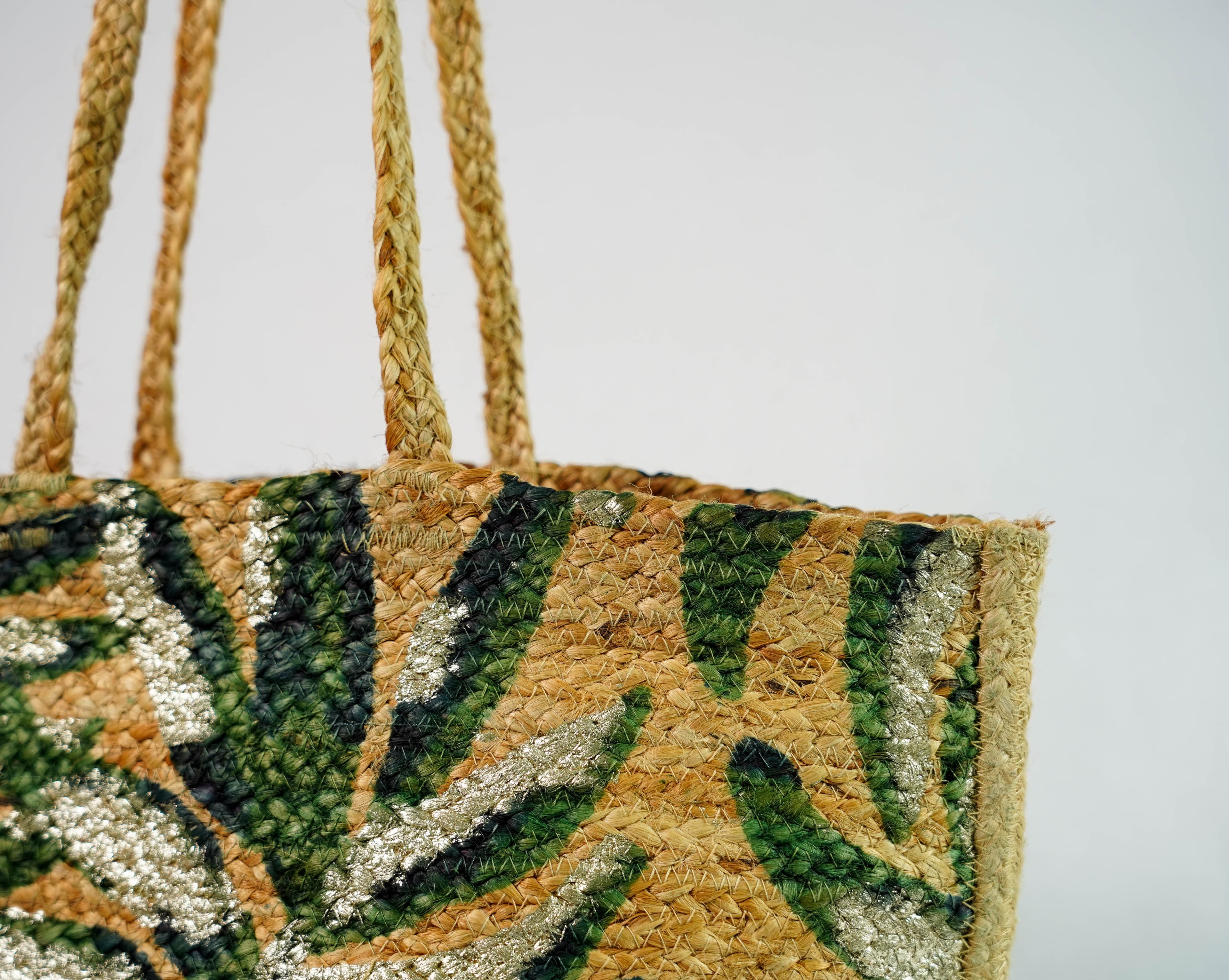 TROPICAL LEAF PRINT JUTE TOTE BAG
