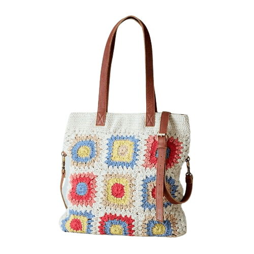 WHITE CROCHET TOTE BAG WITH LEATHER HANDLE