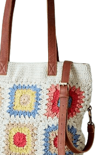 WHITE CROCHET TOTE BAG WITH LEATHER HANDLE