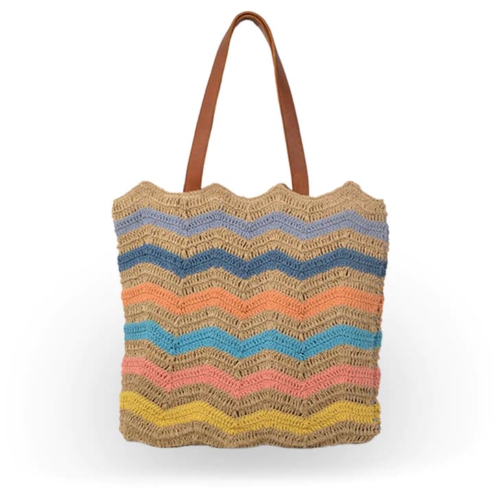 RAINBOW STRIPES CROCHET TOTE BAG WITH LEATHER HANDLE