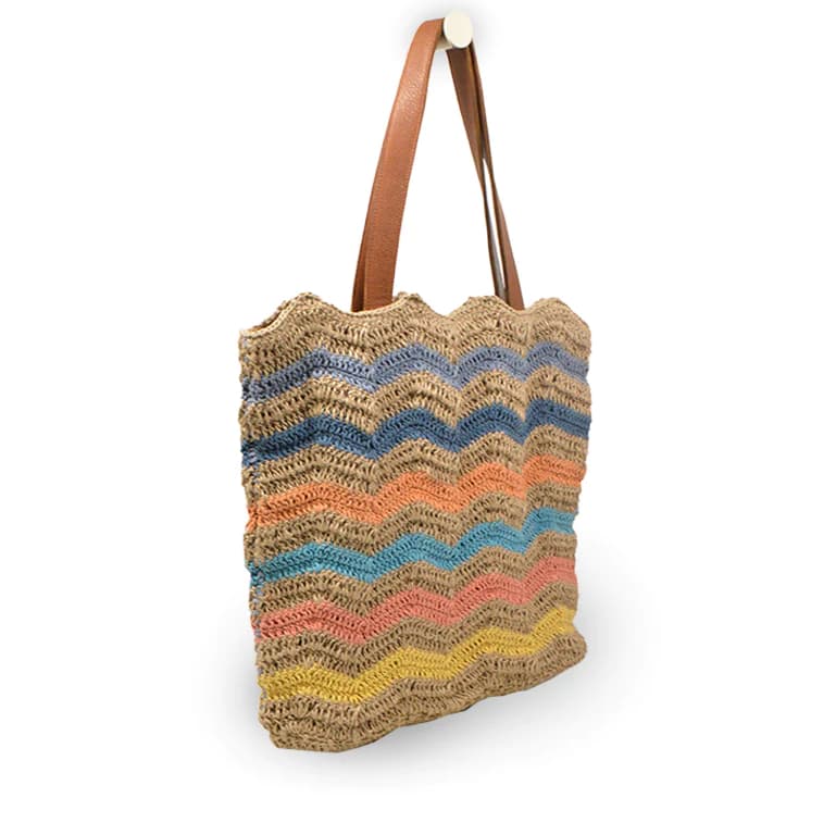 RAINBOW STRIPES CROCHET TOTE BAG WITH LEATHER HANDLE