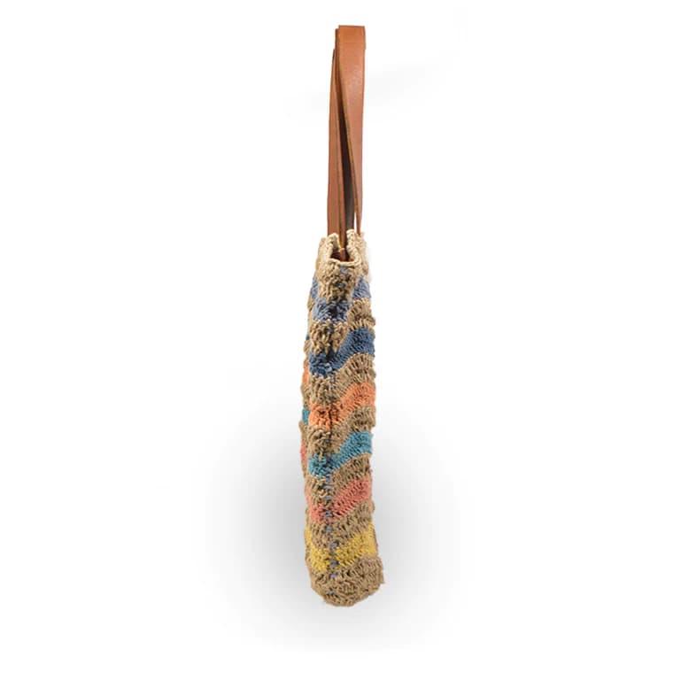 RAINBOW STRIPES CROCHET TOTE BAG WITH LEATHER HANDLE