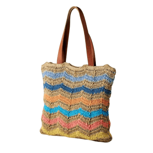 RAINBOW STRIPES CROCHET TOTE BAG WITH LEATHER HANDLE