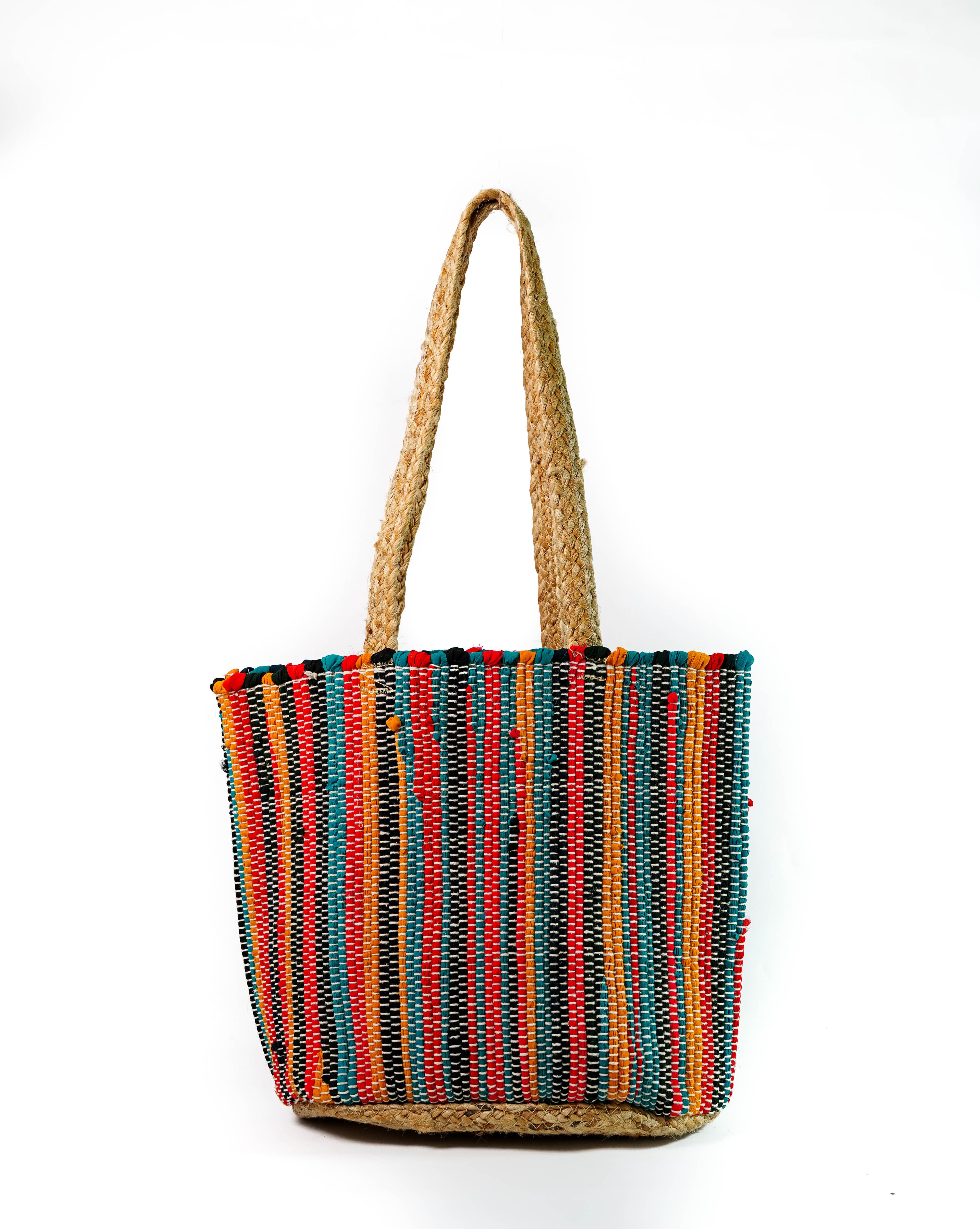MULTI COLOUR WOVEN COTTON AND JUTE TOTE BAG