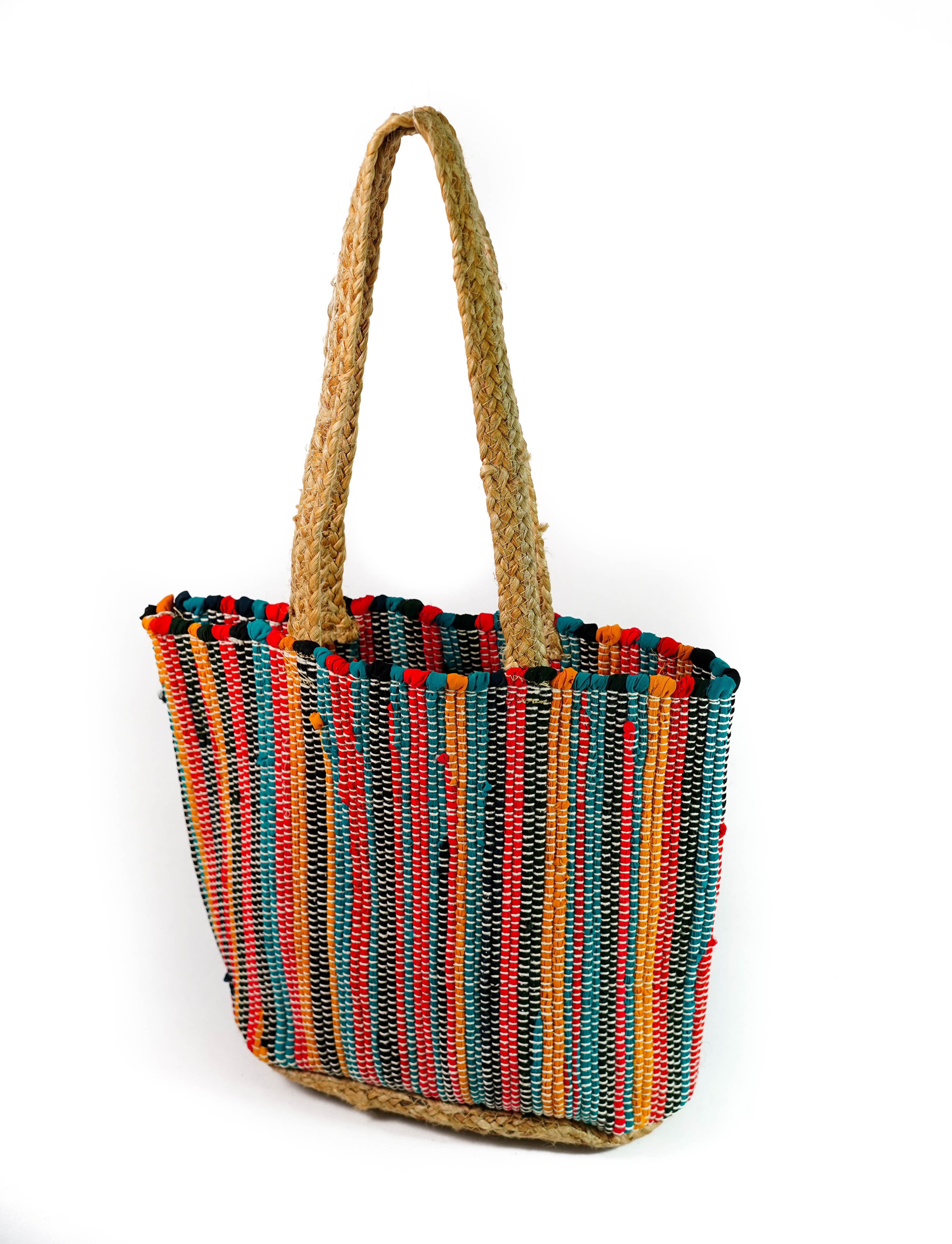 MULTI COLOUR WOVEN COTTON AND JUTE TOTE BAG
