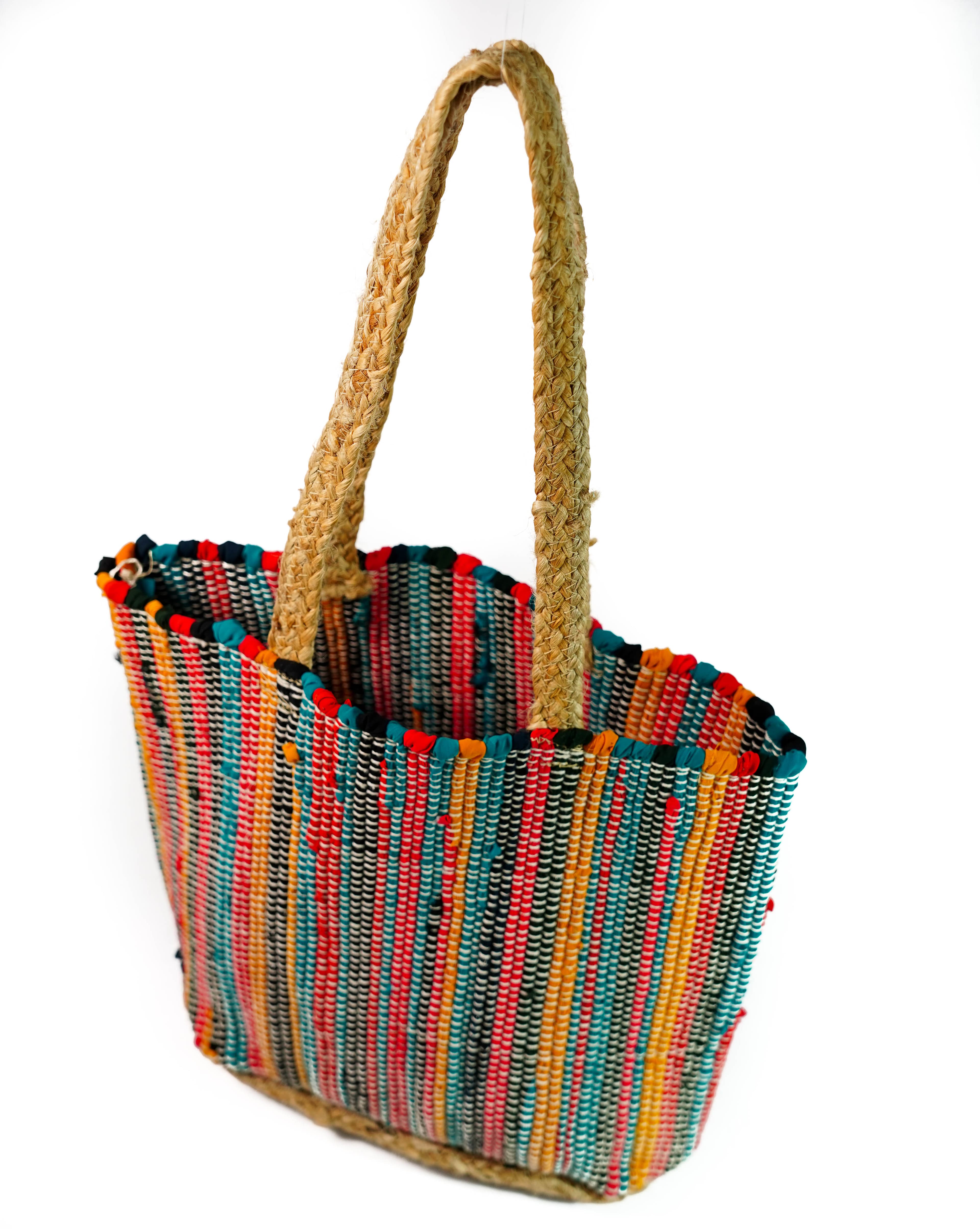 MULTI COLOUR WOVEN COTTON AND JUTE TOTE BAG