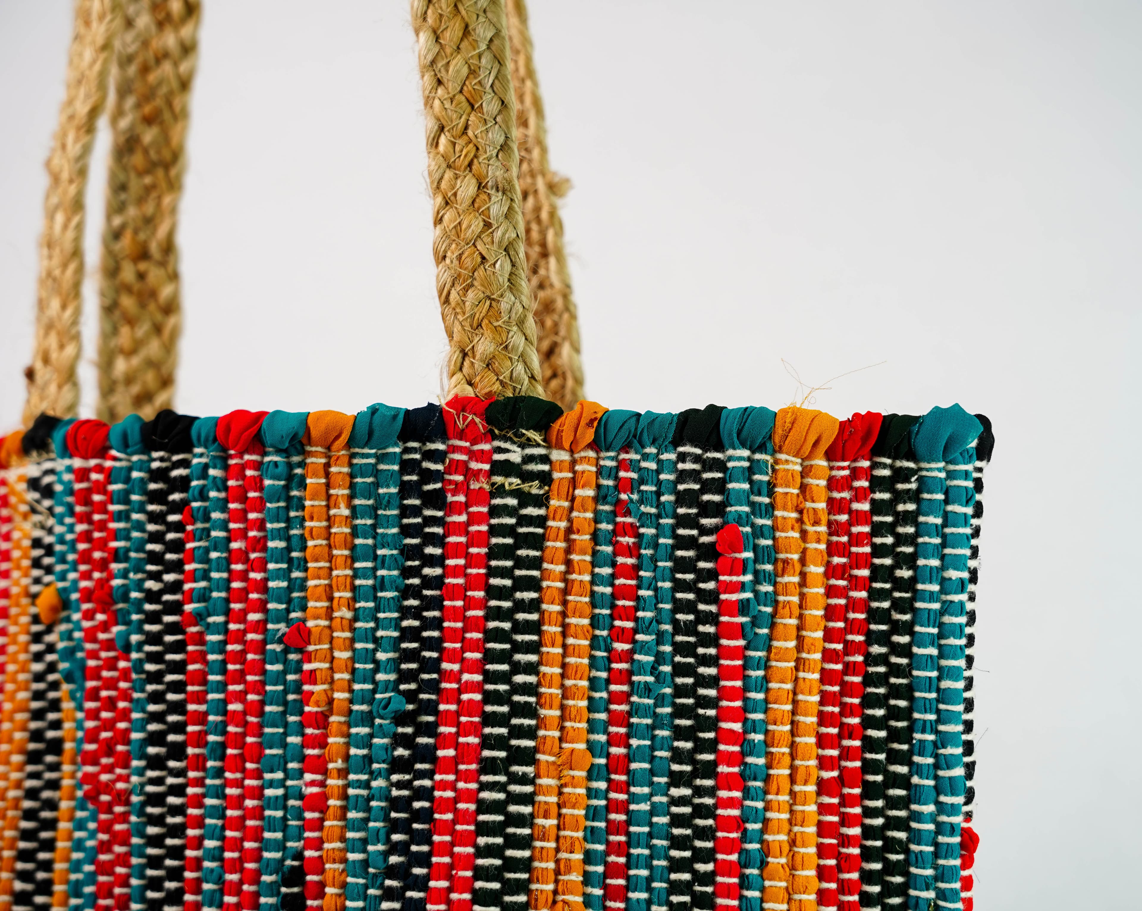 MULTI COLOUR WOVEN COTTON AND JUTE TOTE BAG
