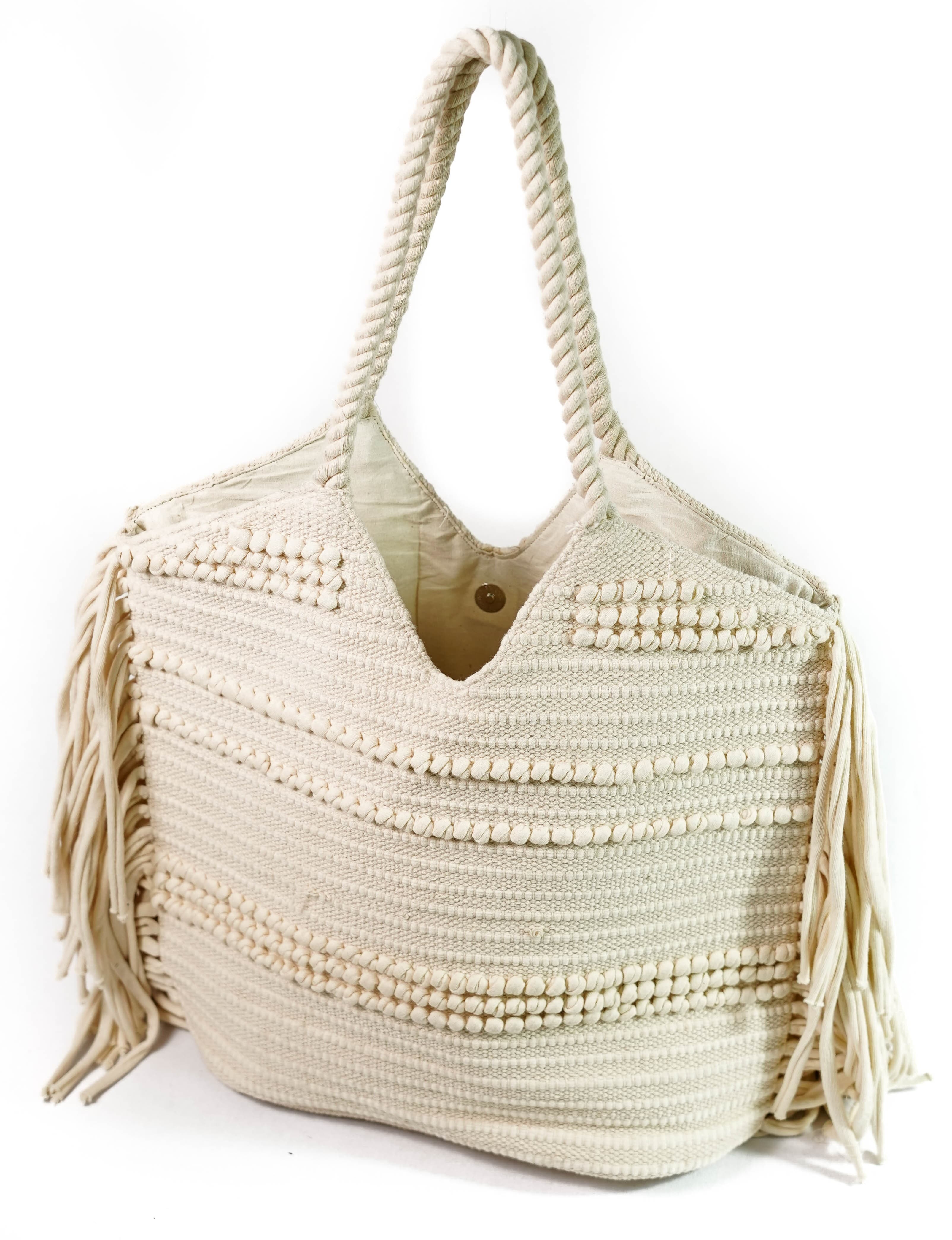 WHITE COTTON SHOPPER BAG WITH FRINGES
