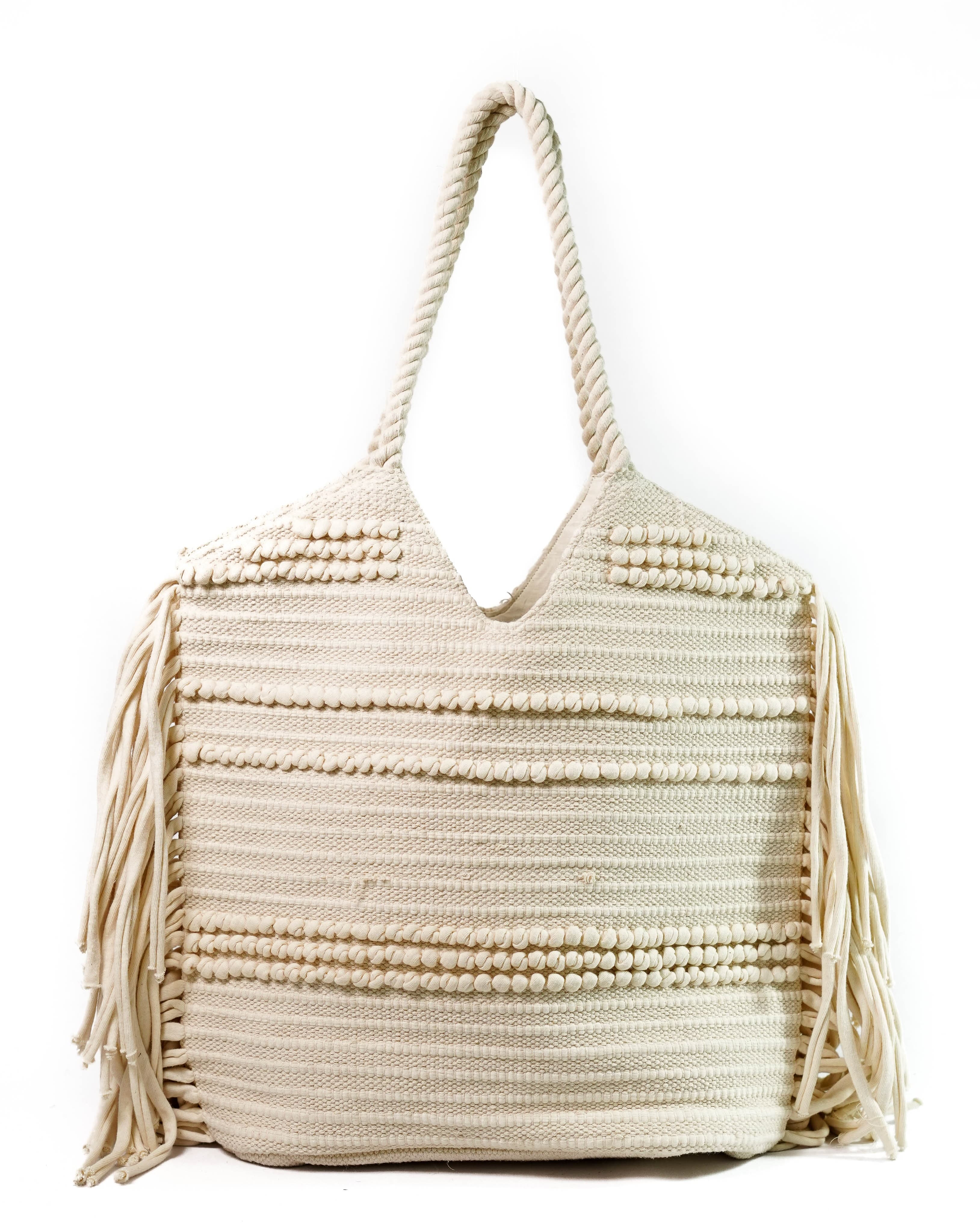 WHITE COTTON SHOPPER BAG WITH FRINGES