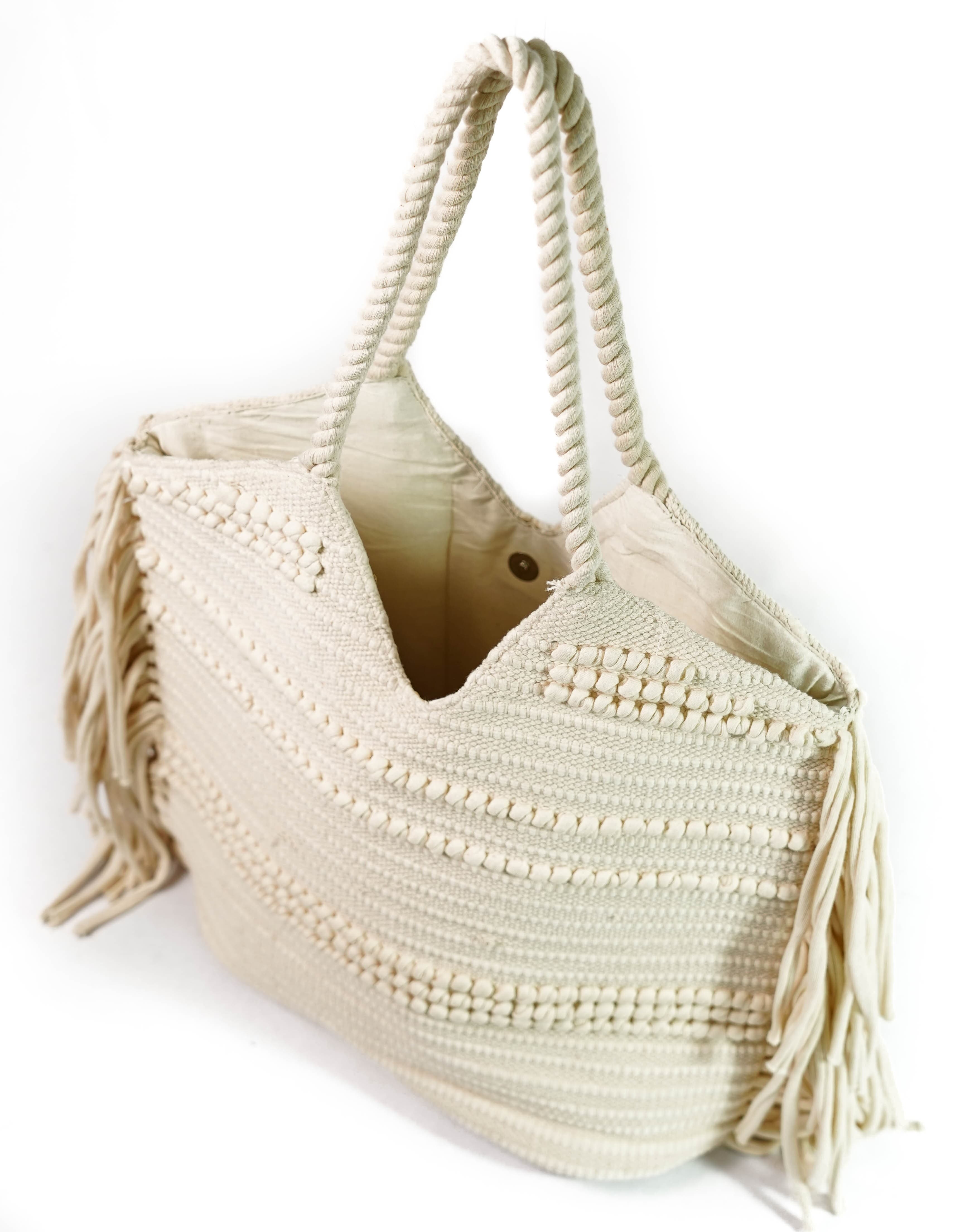 WHITE COTTON SHOPPER BAG WITH FRINGES