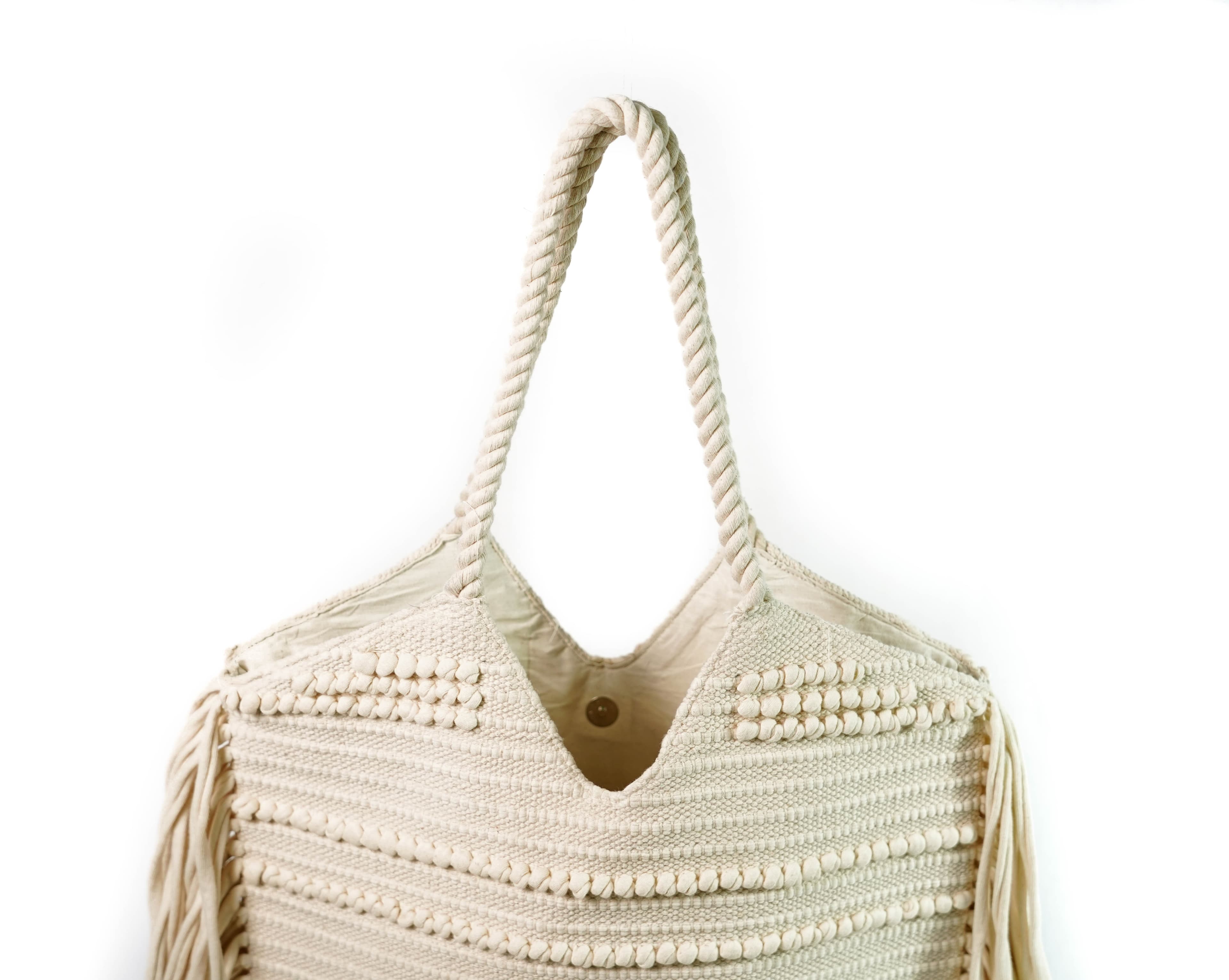 WHITE COTTON SHOPPER BAG WITH FRINGES