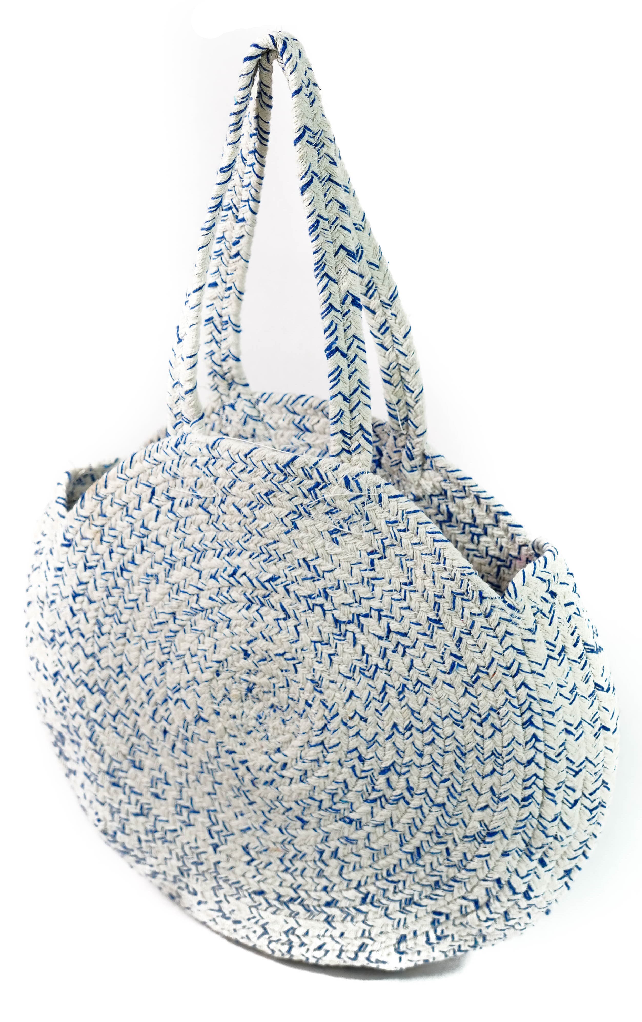 BLUE AND WHITE COTTON WOVEN ROUND BAG
