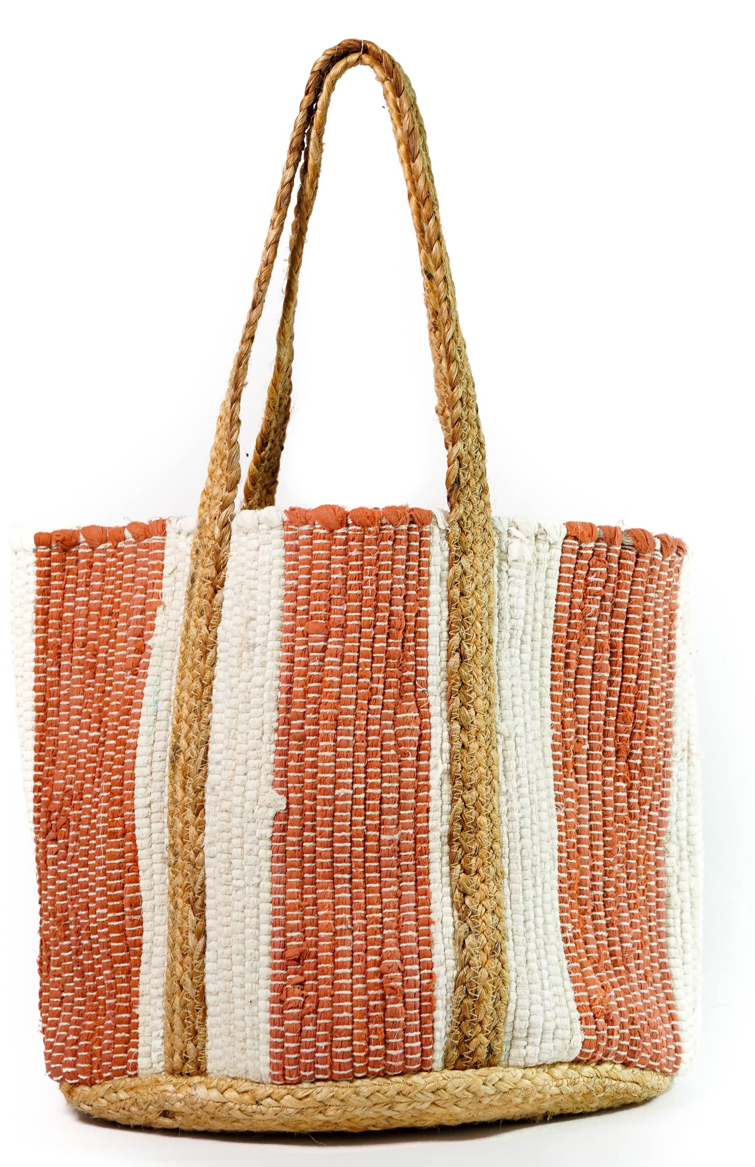 BROWN WHITE COTTON AND JUTE WOVEN TOTE BAG