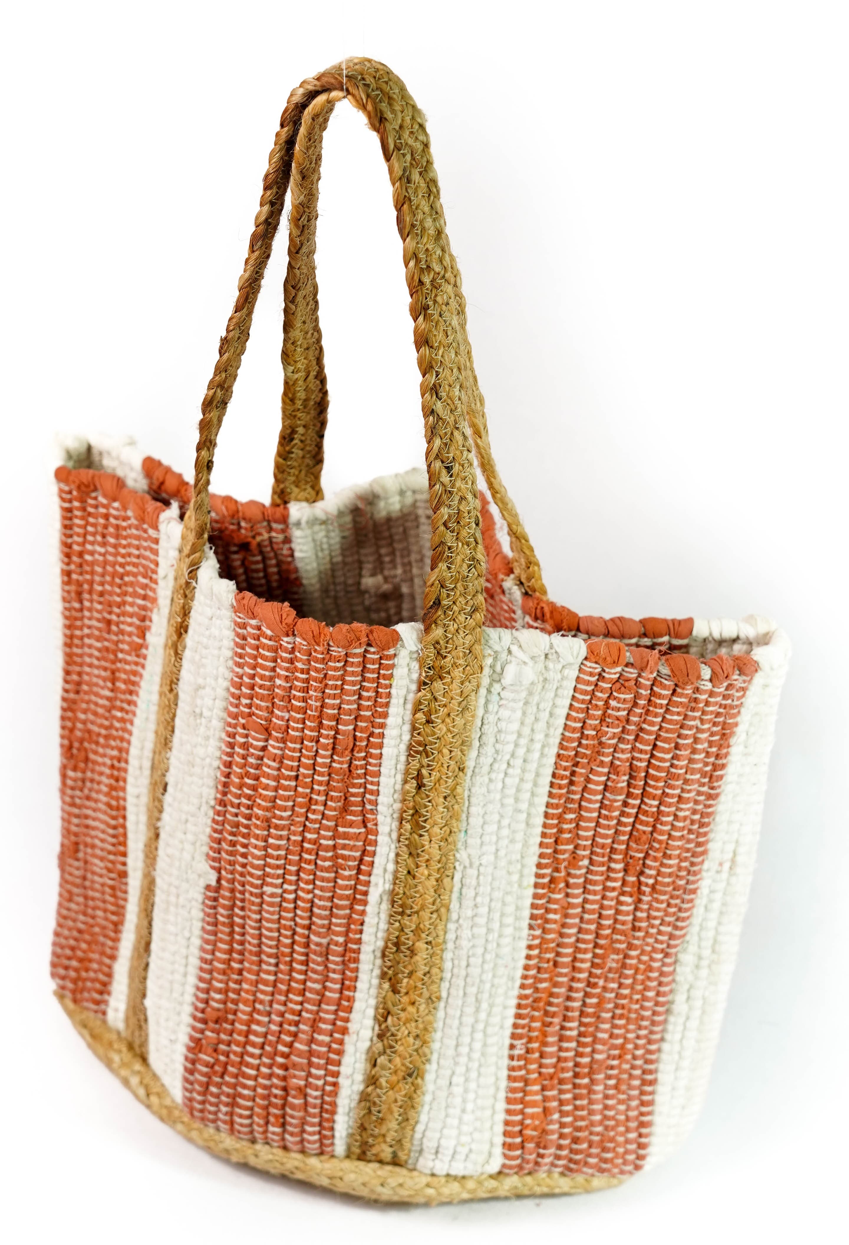 BROWN WHITE COTTON AND JUTE WOVEN TOTE BAG