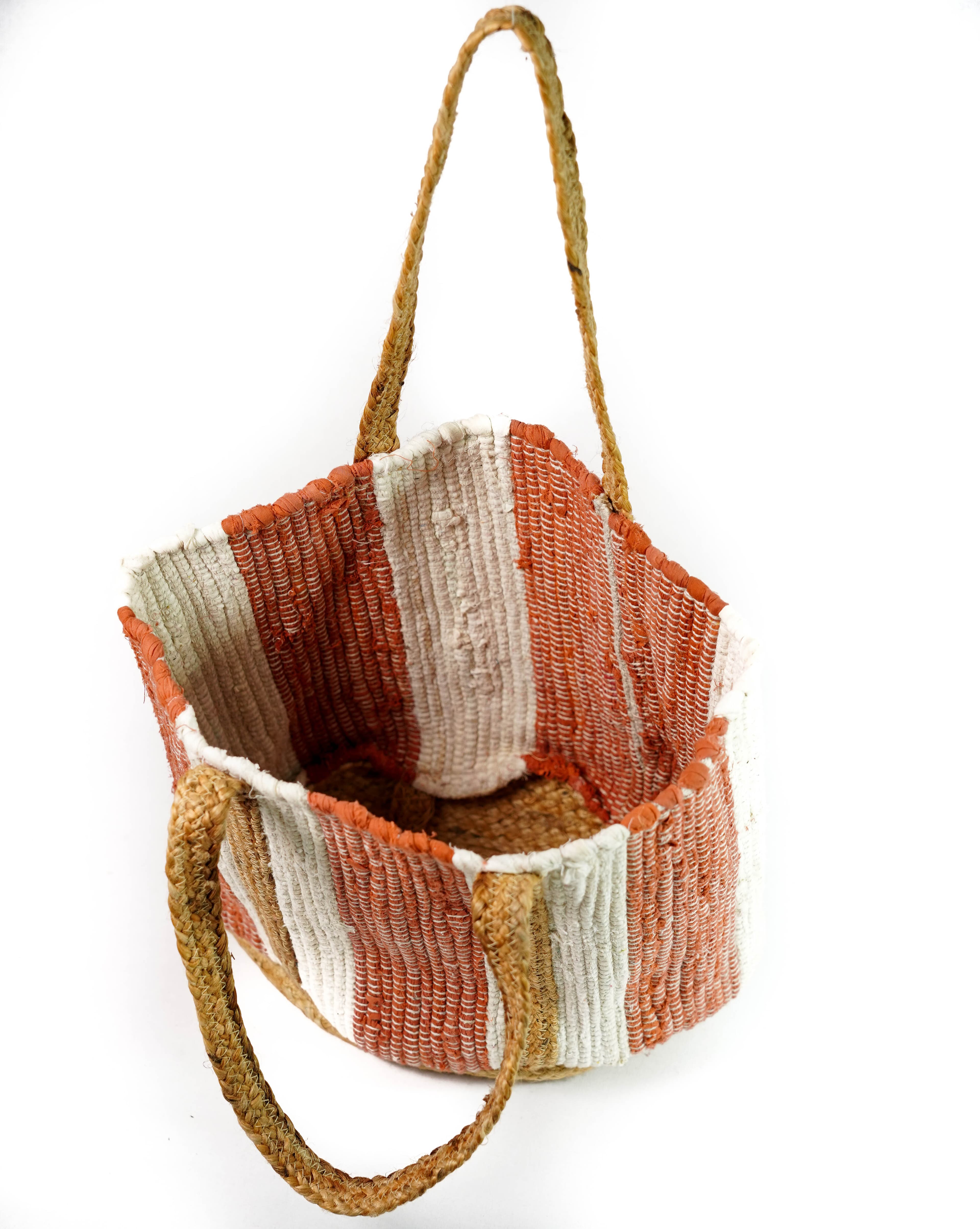 BROWN WHITE COTTON AND JUTE WOVEN TOTE BAG
