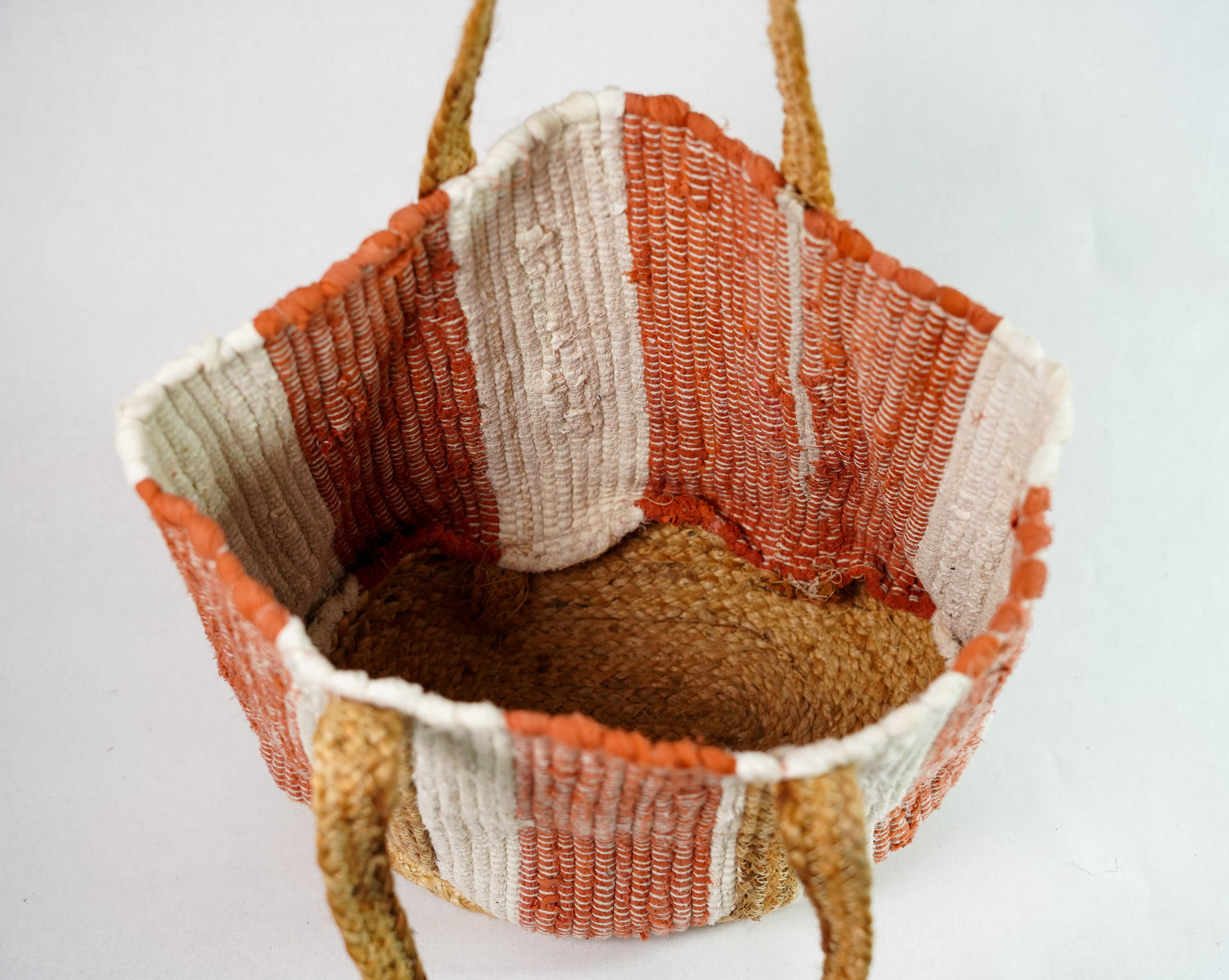 BROWN WHITE COTTON AND JUTE WOVEN TOTE BAG