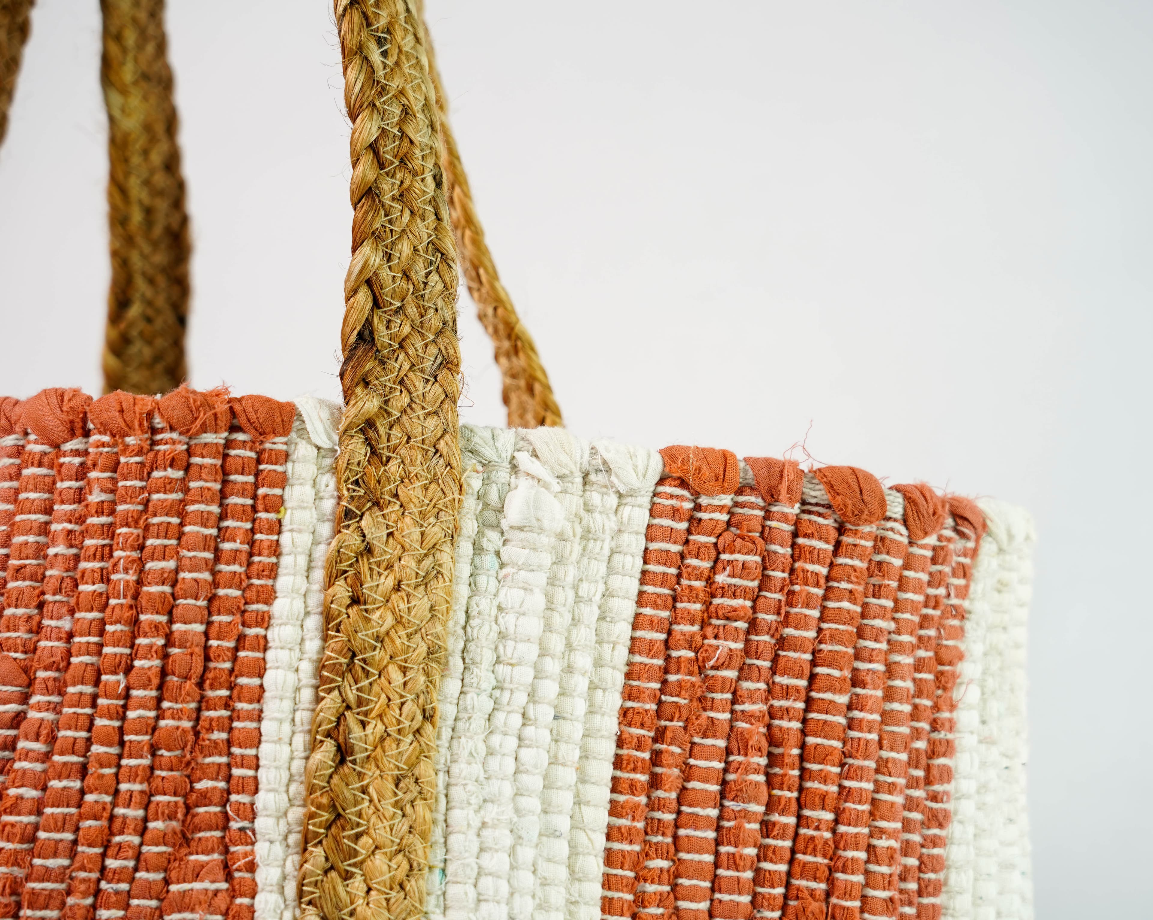 BROWN WHITE COTTON AND JUTE WOVEN TOTE BAG