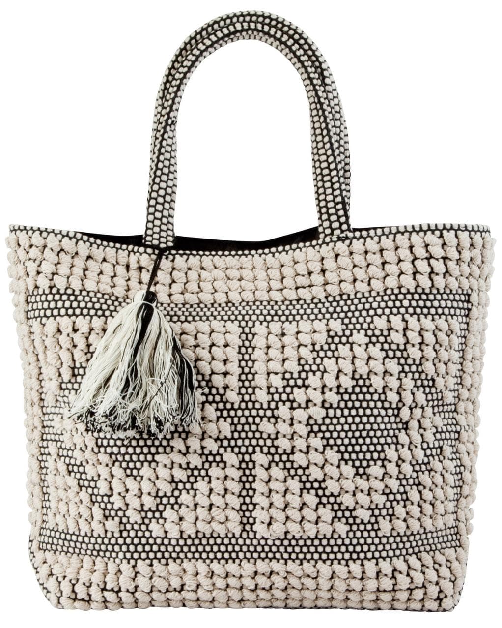 BLACK AND WHITE  HANDWOVEN TOTE BAG WITH TASSELS
