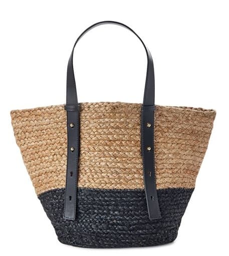 JUTE TOTE BAG WITH BLACK LEATHER HANDLE AND POCKET