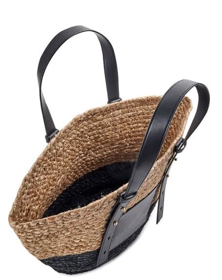 JUTE TOTE BAG WITH BLACK LEATHER HANDLE AND POCKET
