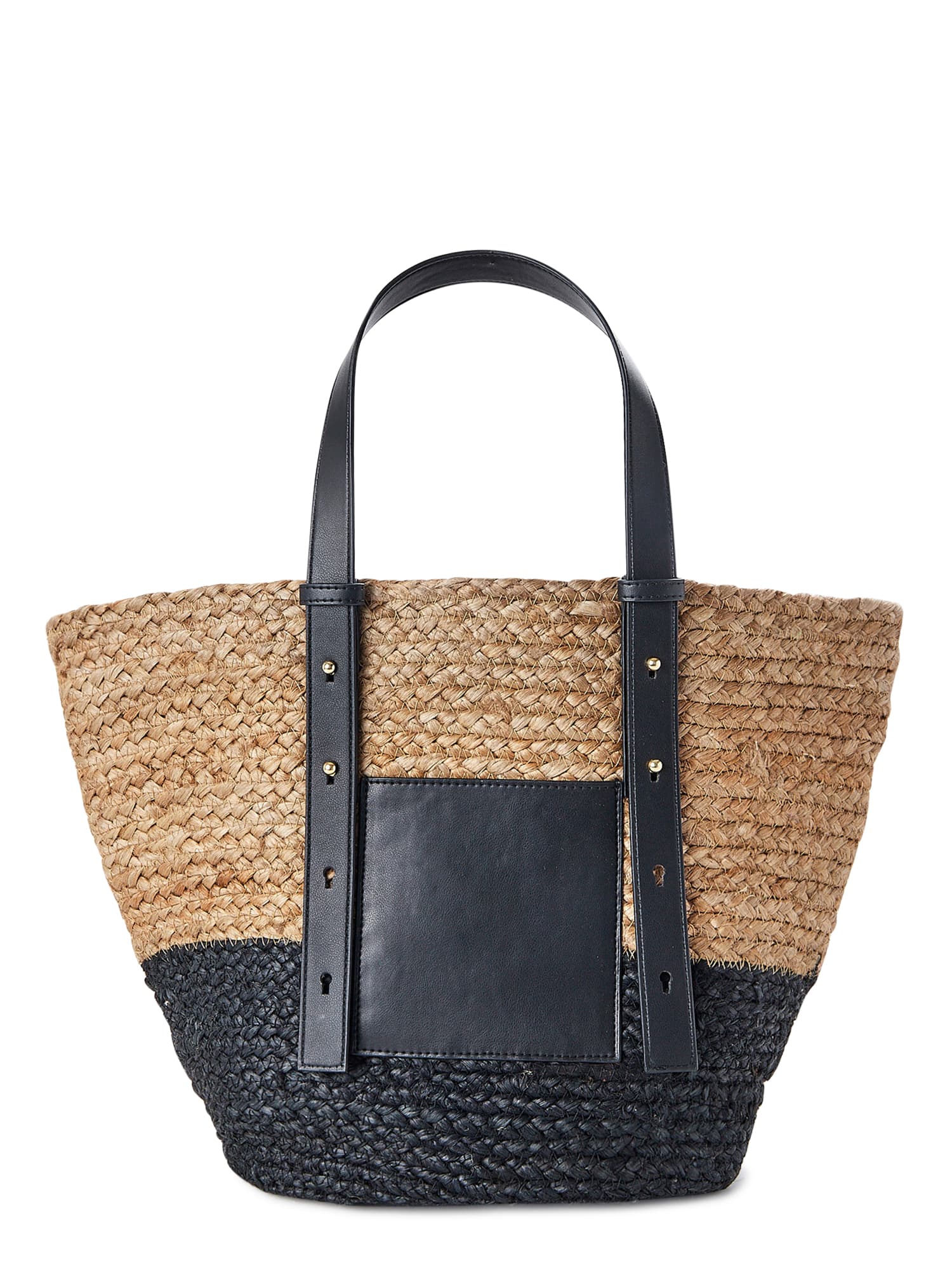 JUTE TOTE BAG WITH BLACK LEATHER HANDLE AND POCKET