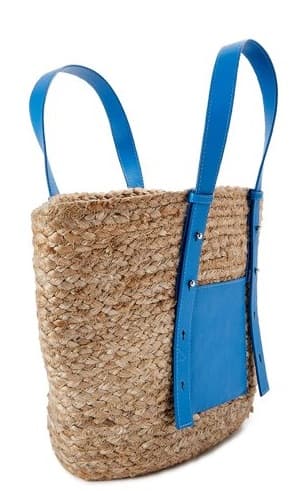 JUTE TOTE BAG WITH BLUE LEATHER HANDLE AND POCKET