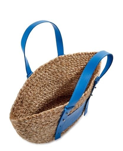 JUTE TOTE BAG WITH BLUE LEATHER HANDLE AND POCKET