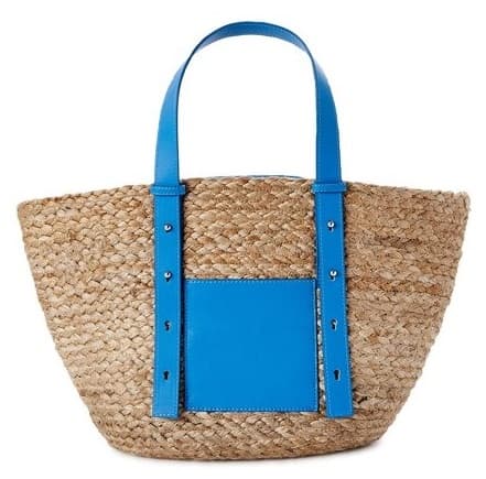 JUTE TOTE BAG WITH BLUE LEATHER HANDLE AND POCKET