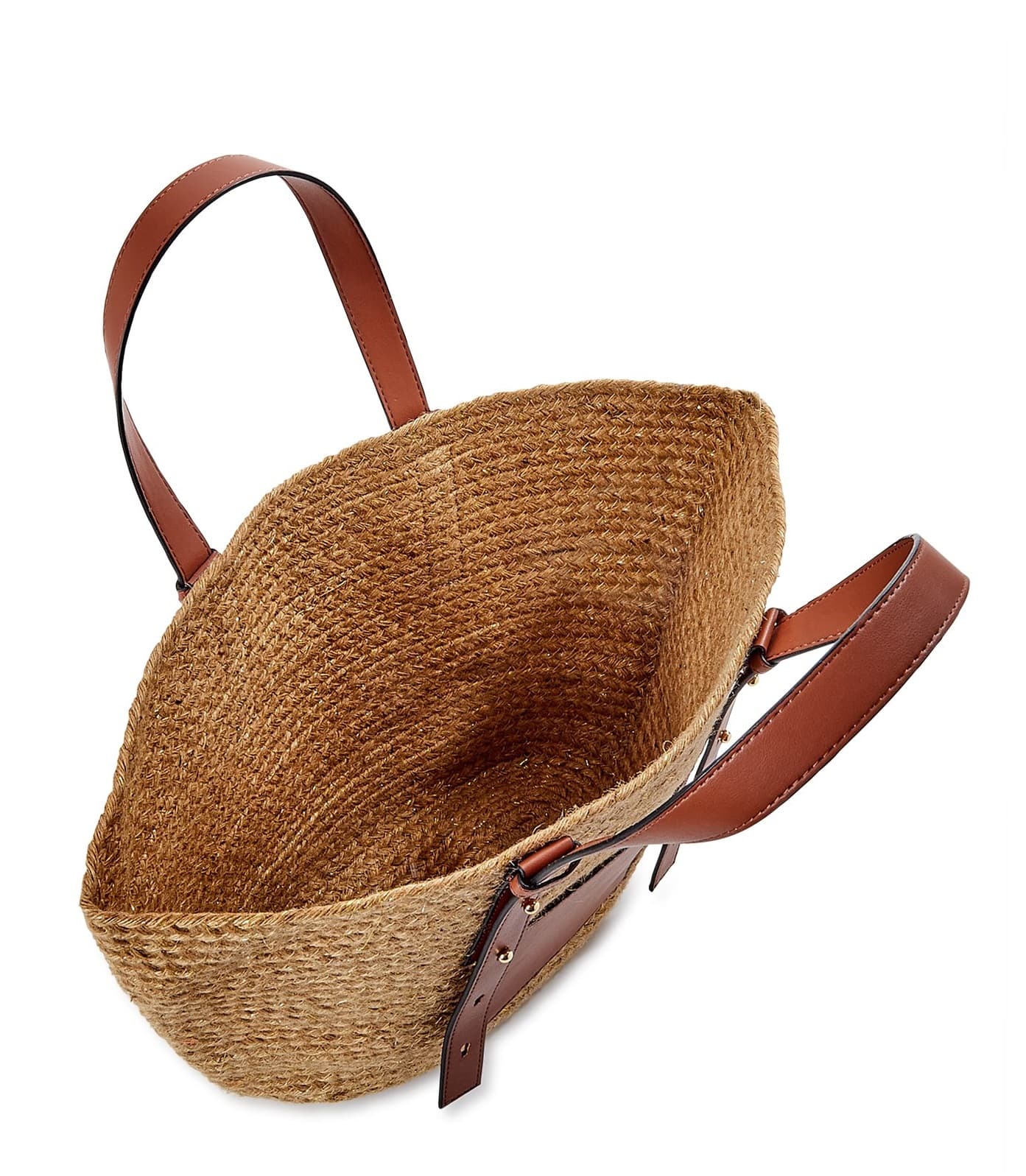 JUTE TOTE BAG WITH BROWN LEATHER HANDLE AND POCKET