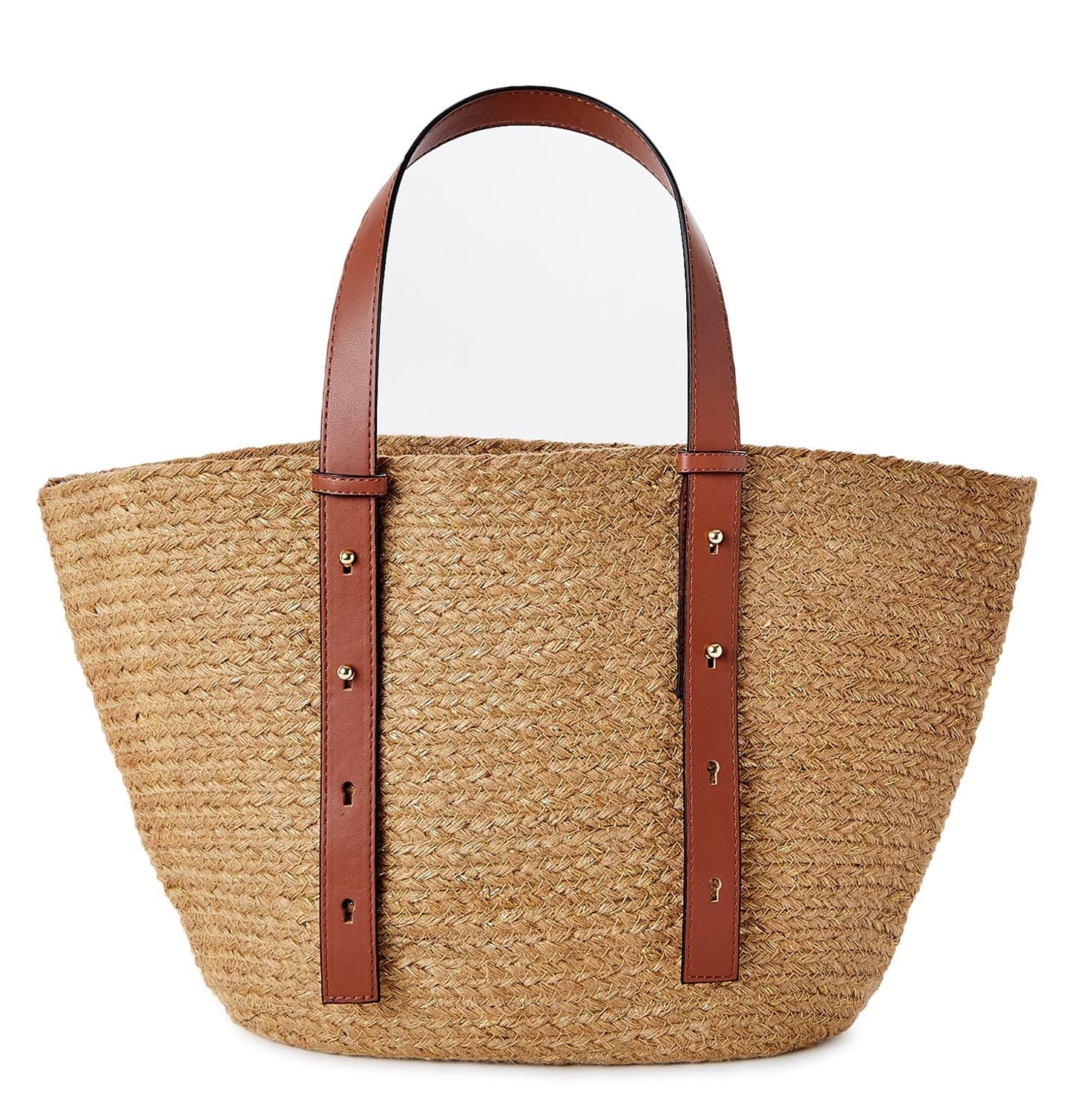 JUTE TOTE BAG WITH BROWN LEATHER HANDLE AND POCKET