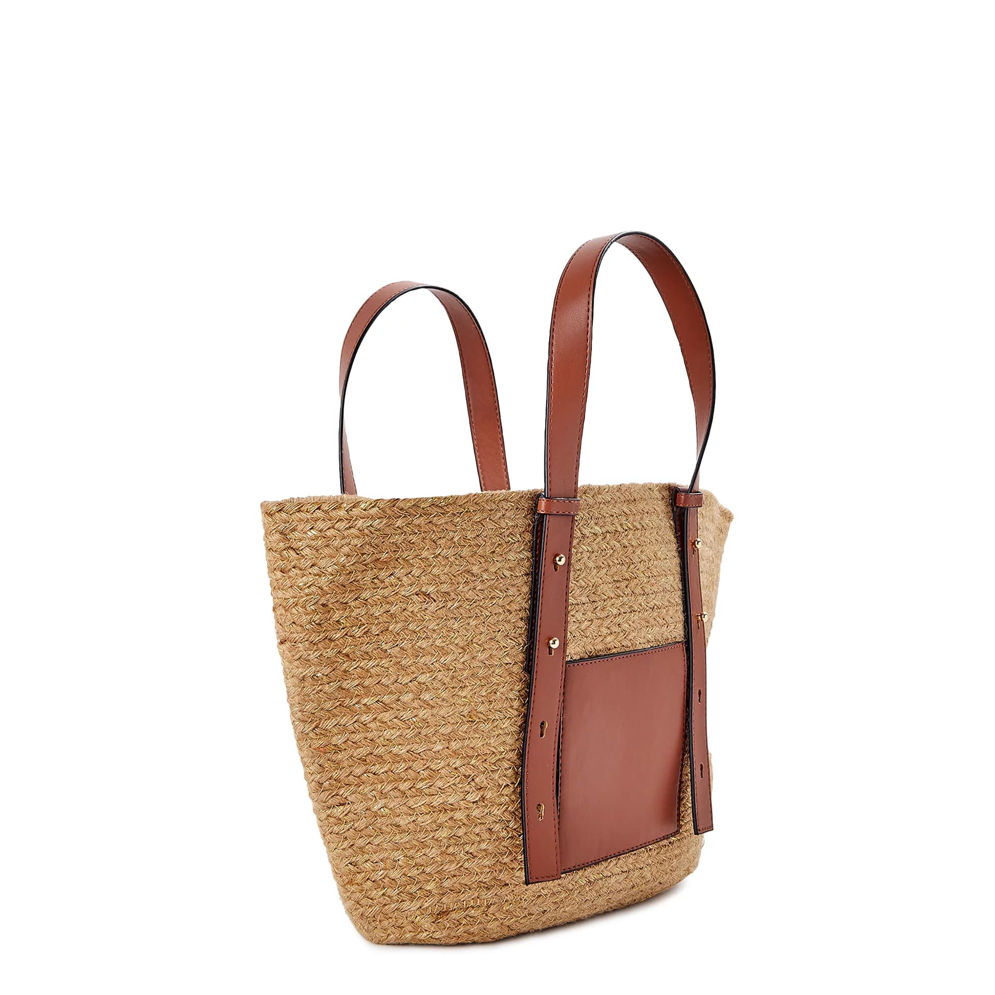 JUTE TOTE BAG WITH BROWN LEATHER HANDLE AND POCKET