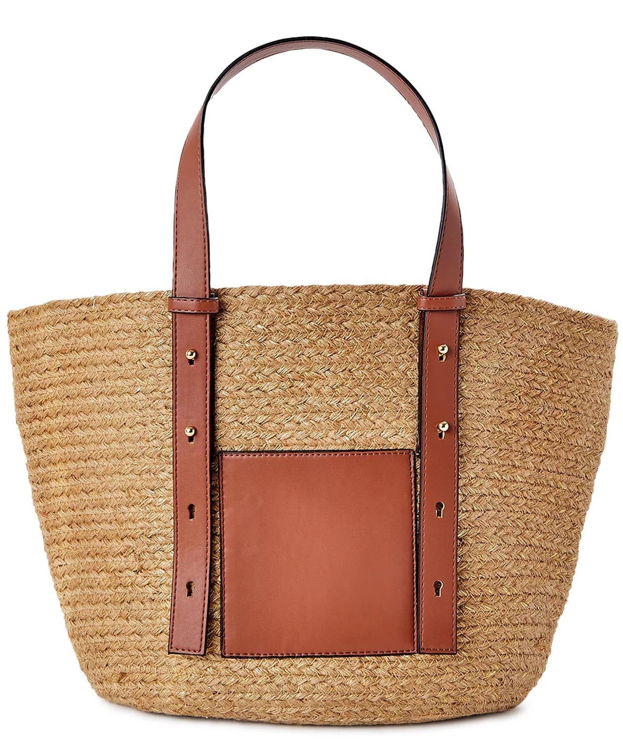 JUTE TOTE BAG WITH BROWN LEATHER HANDLE AND POCKET