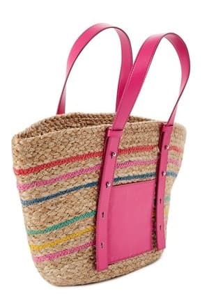 JUTE TOTE BAG WITH PINK MULTI LEATHER HANDLE AND POCKET