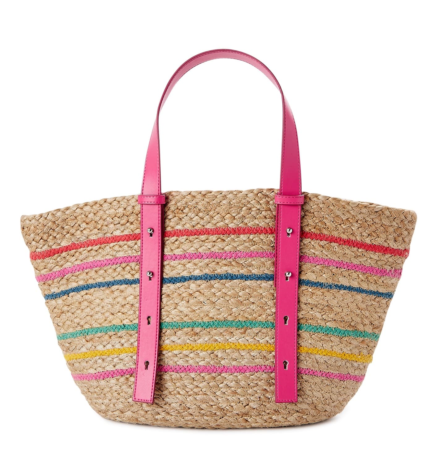 JUTE TOTE BAG WITH PINK MULTI LEATHER HANDLE AND POCKET