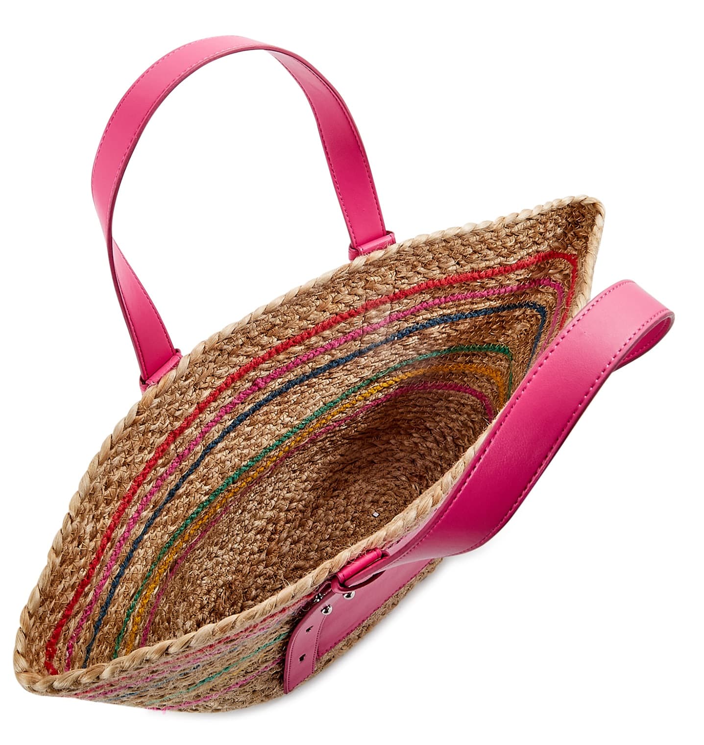 JUTE TOTE BAG WITH PINK MULTI LEATHER HANDLE AND POCKET