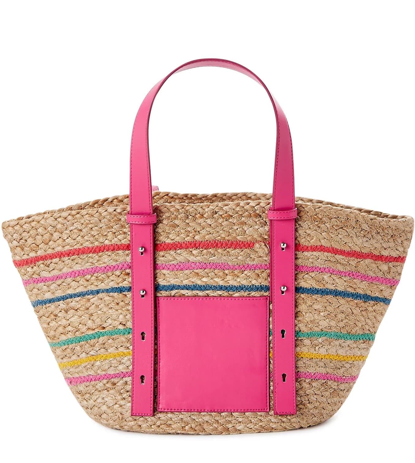 JUTE TOTE BAG WITH PINK MULTI LEATHER HANDLE AND POCKET