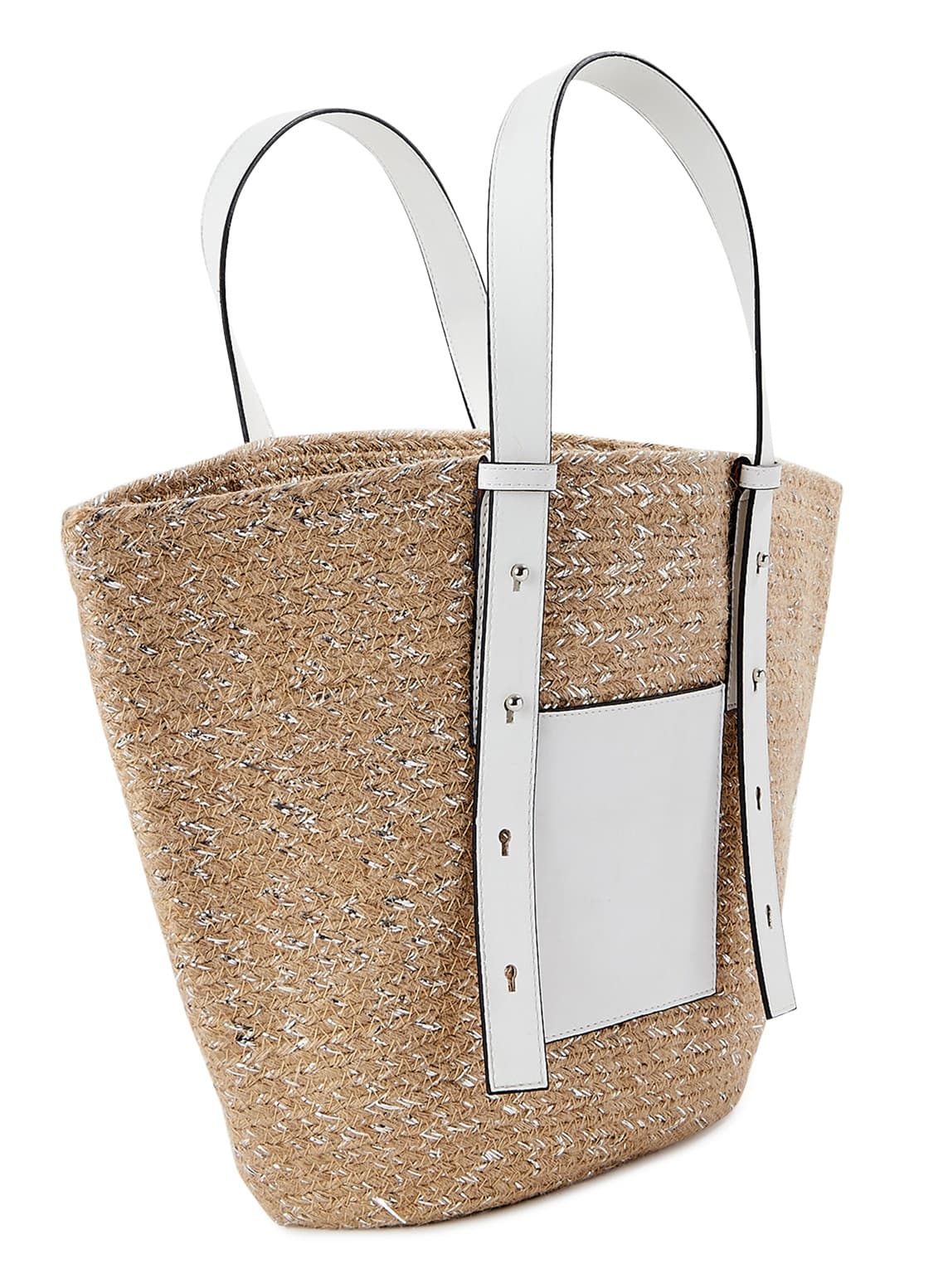 JUTE TOTE BAG WITH WHITE LEATHER HANDLE AND POCKET