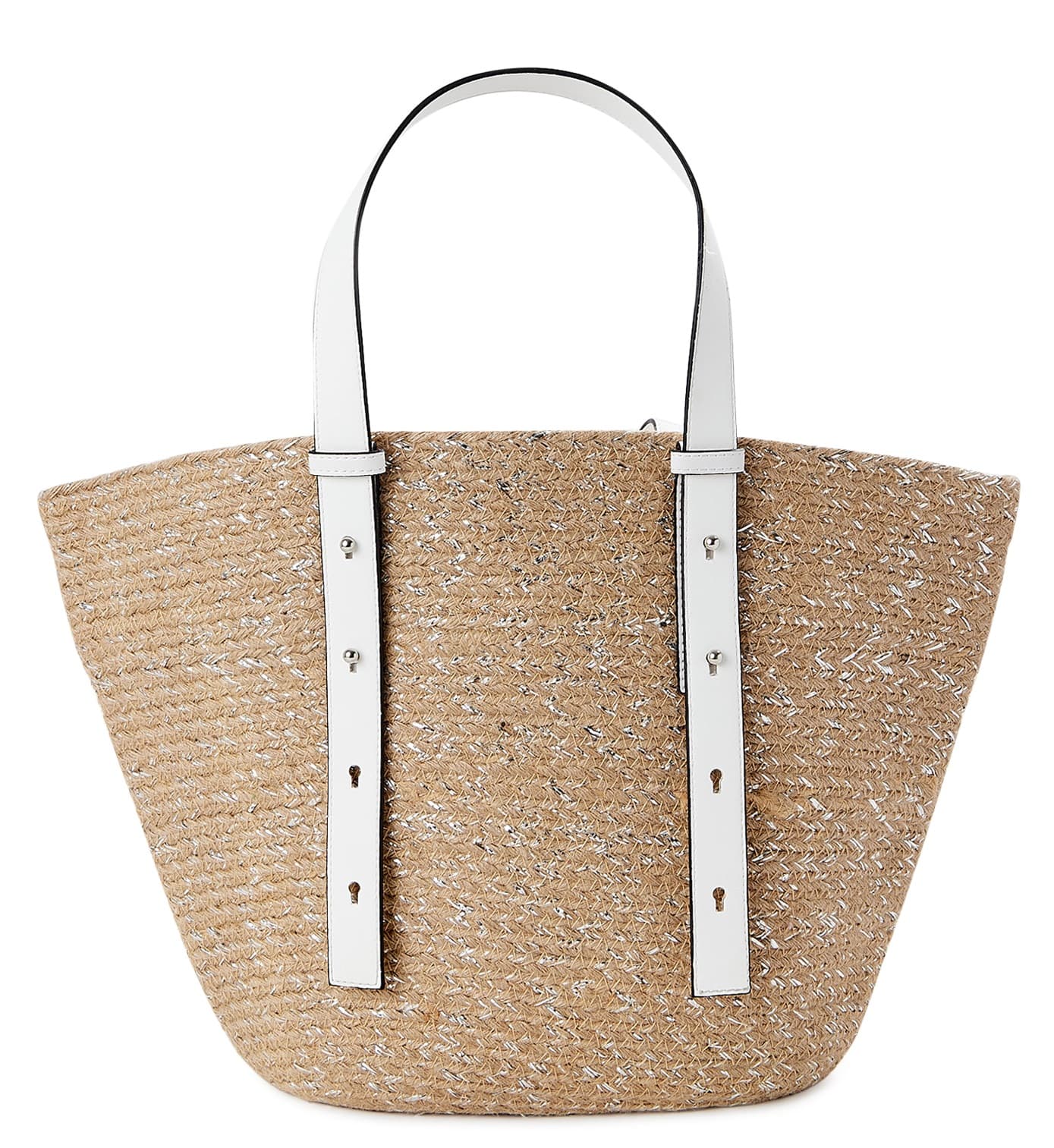 JUTE TOTE BAG WITH WHITE LEATHER HANDLE AND POCKET
