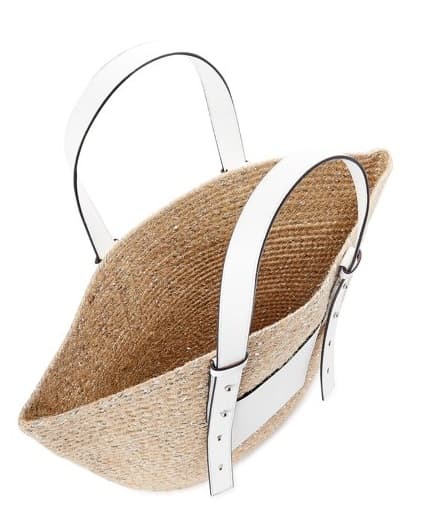 JUTE TOTE BAG WITH WHITE LEATHER HANDLE AND POCKET