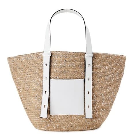 JUTE TOTE BAG WITH WHITE LEATHER HANDLE AND POCKET