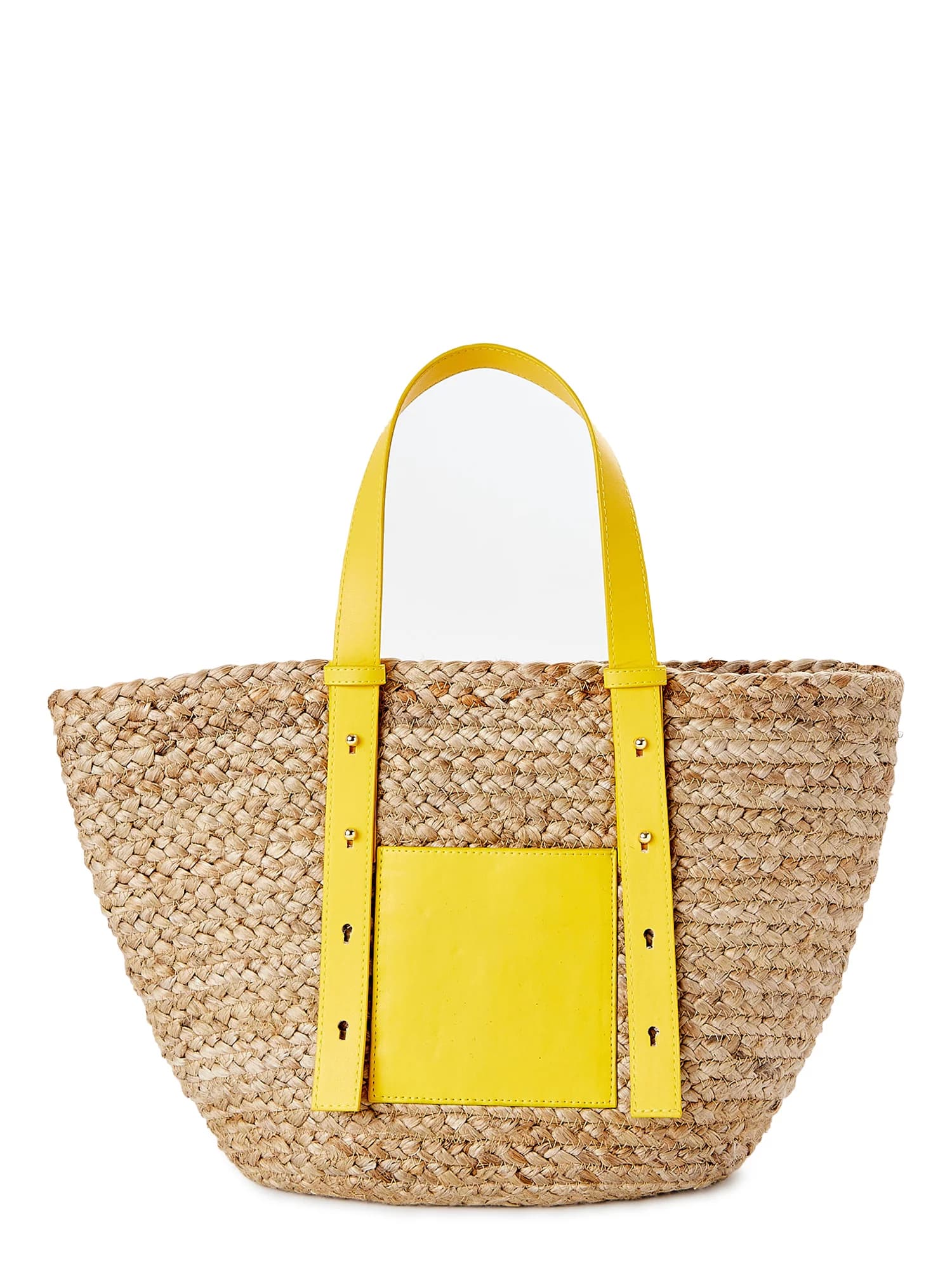 JUTE TOTE BAG WITH YELLOW LEATHER HANDLE AND POCKET