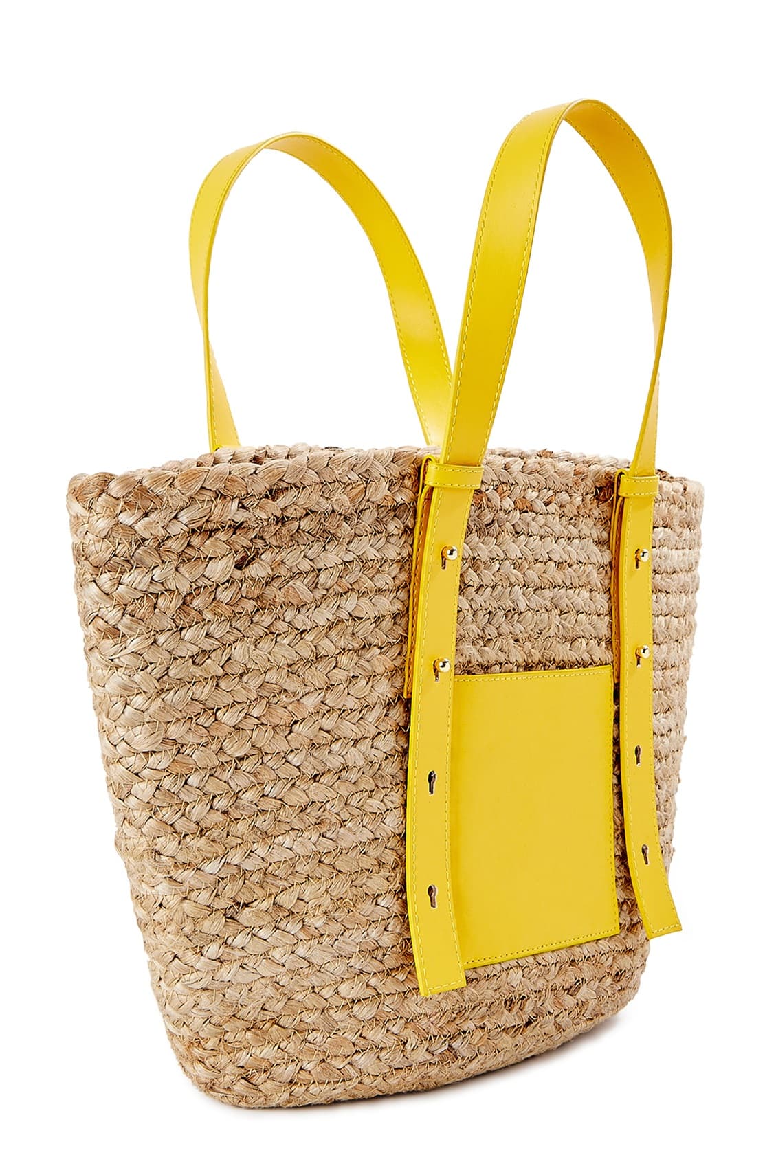 JUTE TOTE BAG WITH YELLOW LEATHER HANDLE AND POCKET