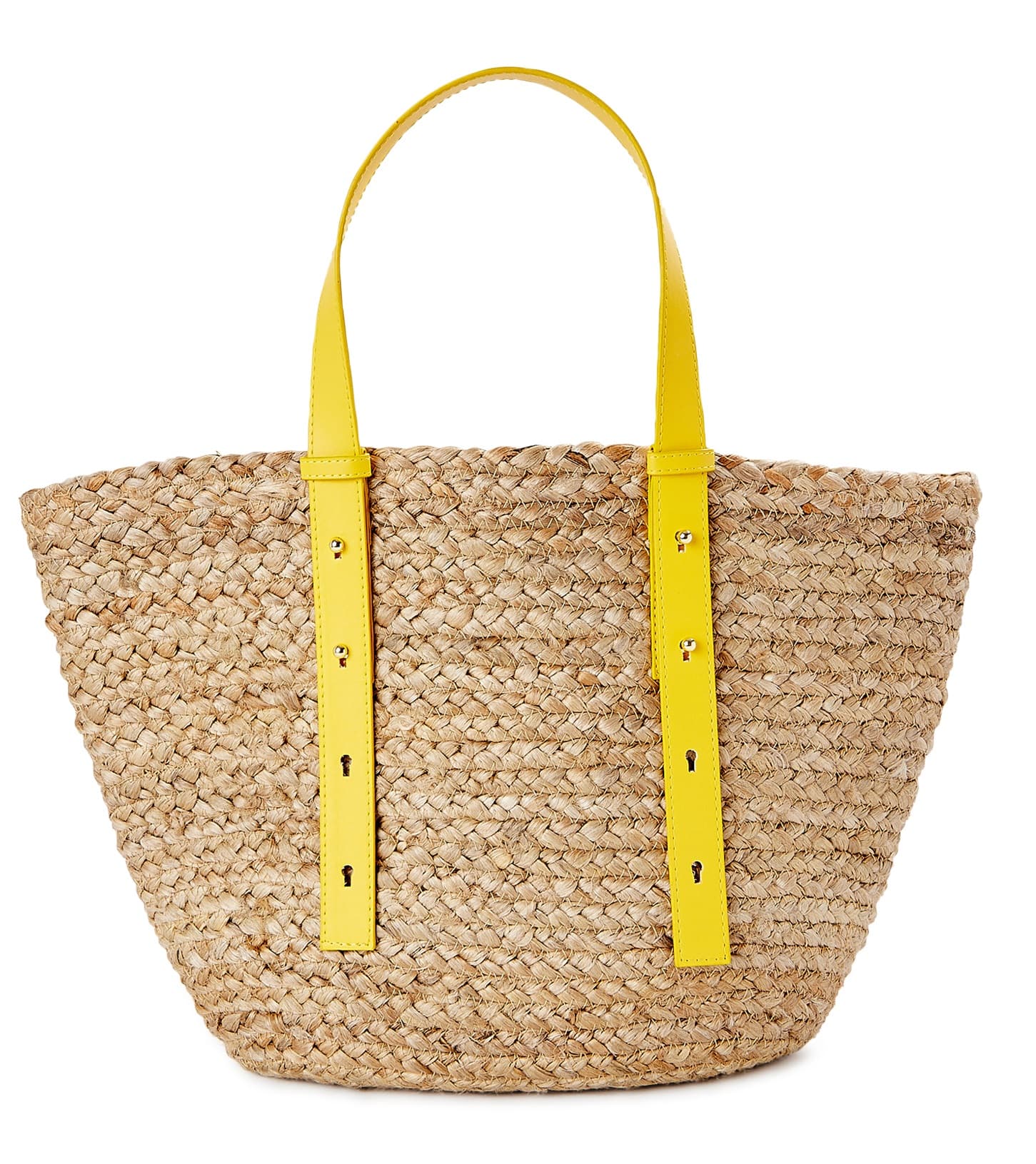 JUTE TOTE BAG WITH YELLOW LEATHER HANDLE AND POCKET