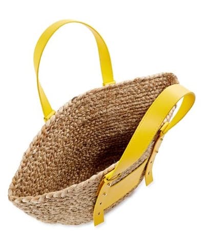 JUTE TOTE BAG WITH YELLOW LEATHER HANDLE AND POCKET